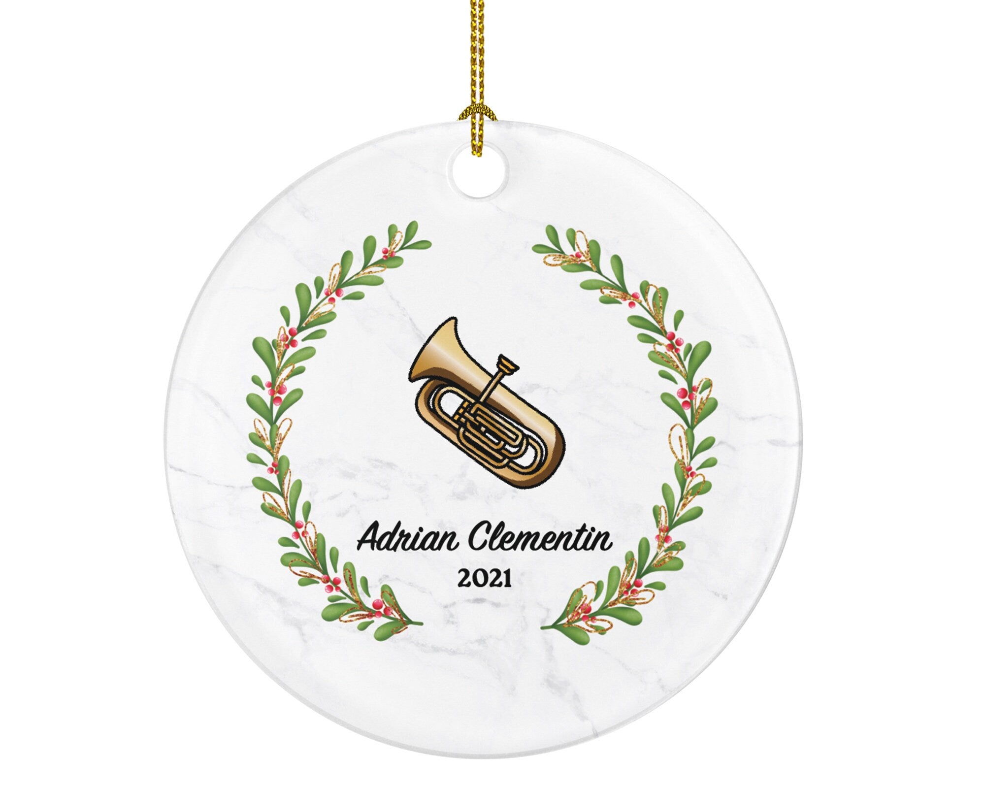 Tuba Christmas Ornament Personalized - Musical Instrument Playing Tuba Gift for Tubaist Tubist - Custom Name Year