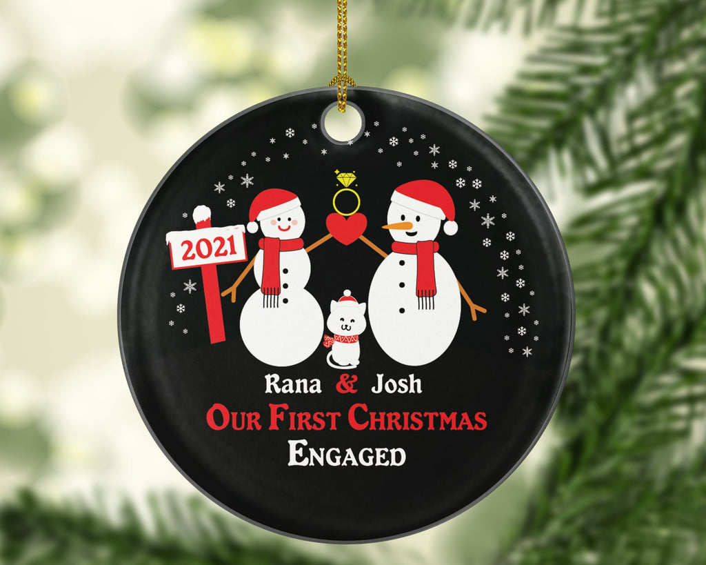 Personalized Engaged Ornament with Cat Pet Fur Family Dad Mom Owner Lover Engagement Ring Snowmen She Said Yes Couple Our First Christmas