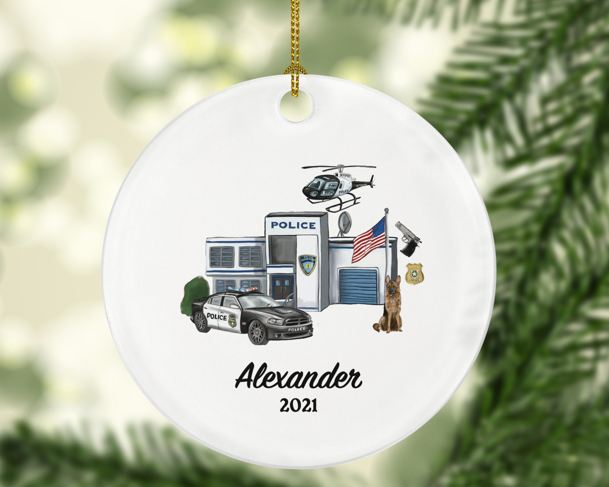 Policeman Ornament - Police Team Officer Christmas Gift Personalized - Car Helicopter Office Dog Gun Badge Flag
