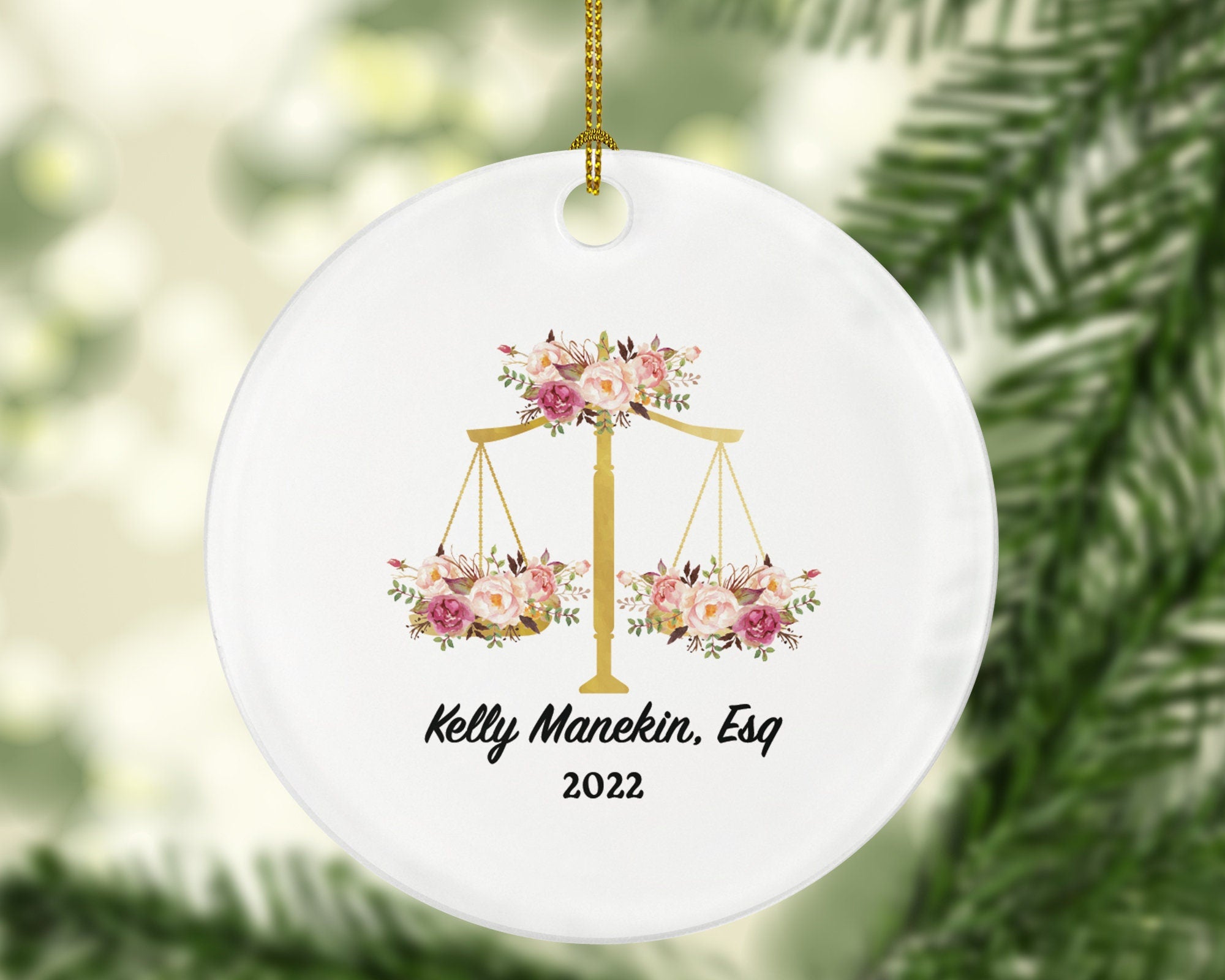 Lawyer Attorney at Law Judge Christmas Ornament Personalized , Custom Lawyer Gift, Watercolor Floral Flower Esq.