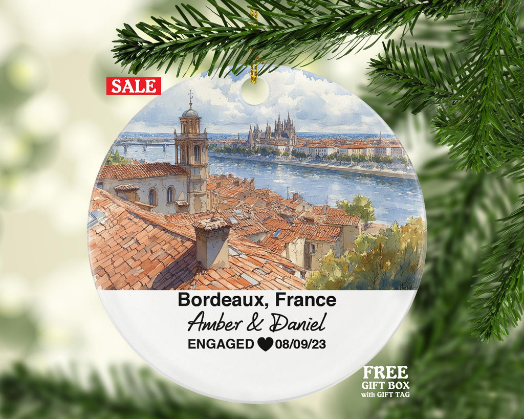Personalized Bordeaux France Christmas Ornament, Custom Garonne River Gift, Mr & Mrs Wedding, Engagement, or Honeymoon Keepsake for Couples