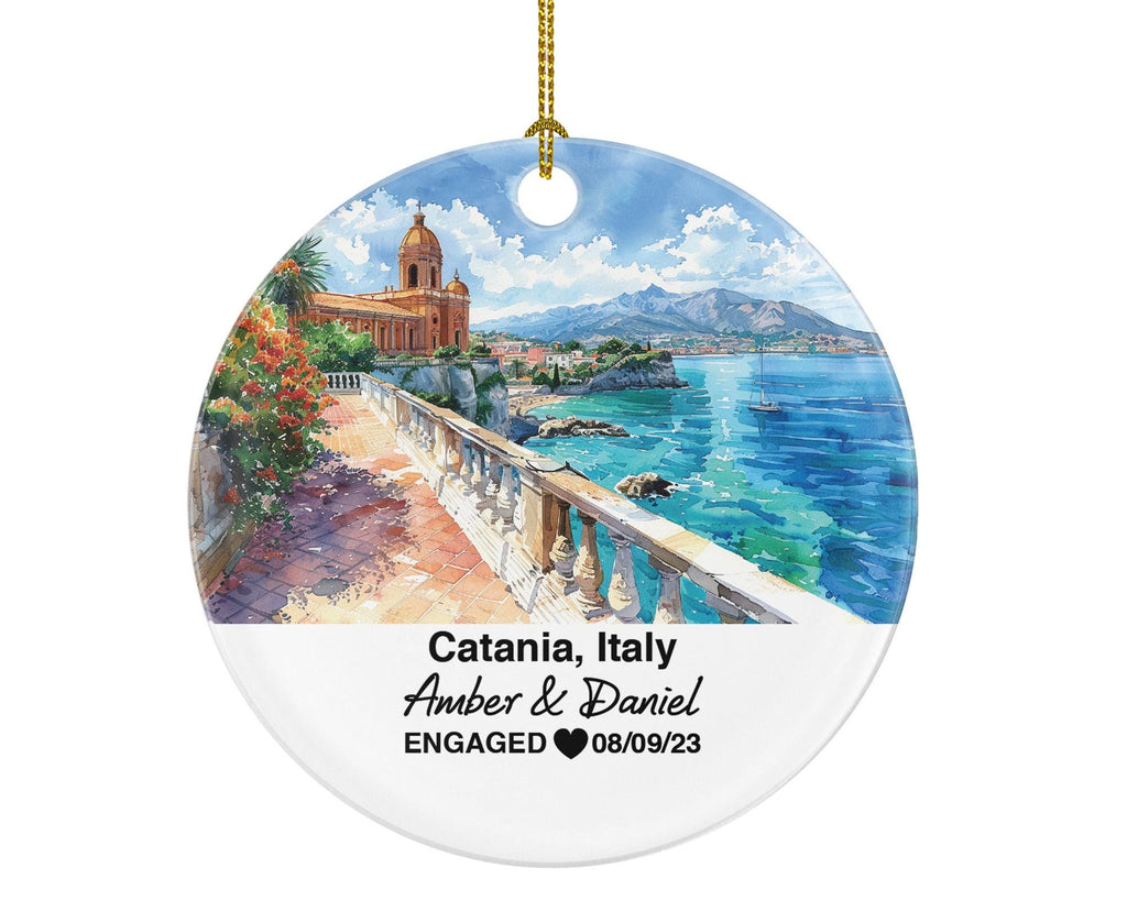 Custom Catania Italy Christmas Ornament, Piazza del Duomo, Castello Ursino, Personalized Honeymoon, Engagement, Wedding Keepsake for Couples