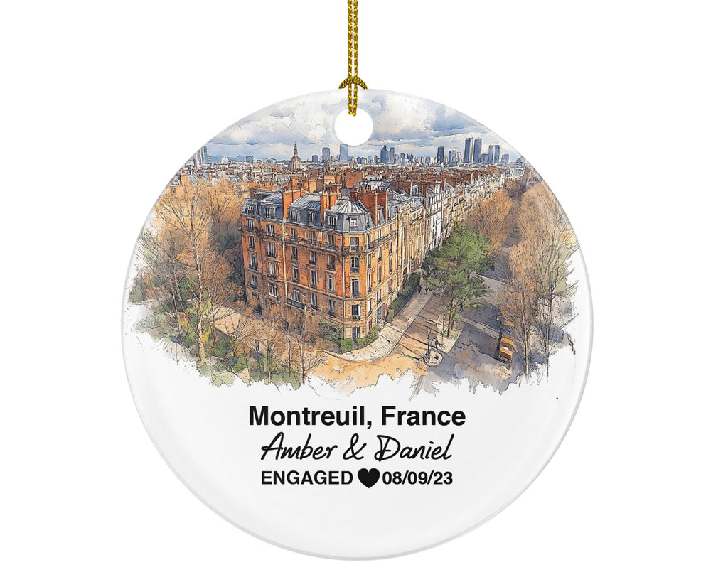 Personalized Montreuil France Christmas Ornament, Vibrant Markets, Mr & Mrs Wedding, Engagement, or Honeymoon Keepsake for Couples