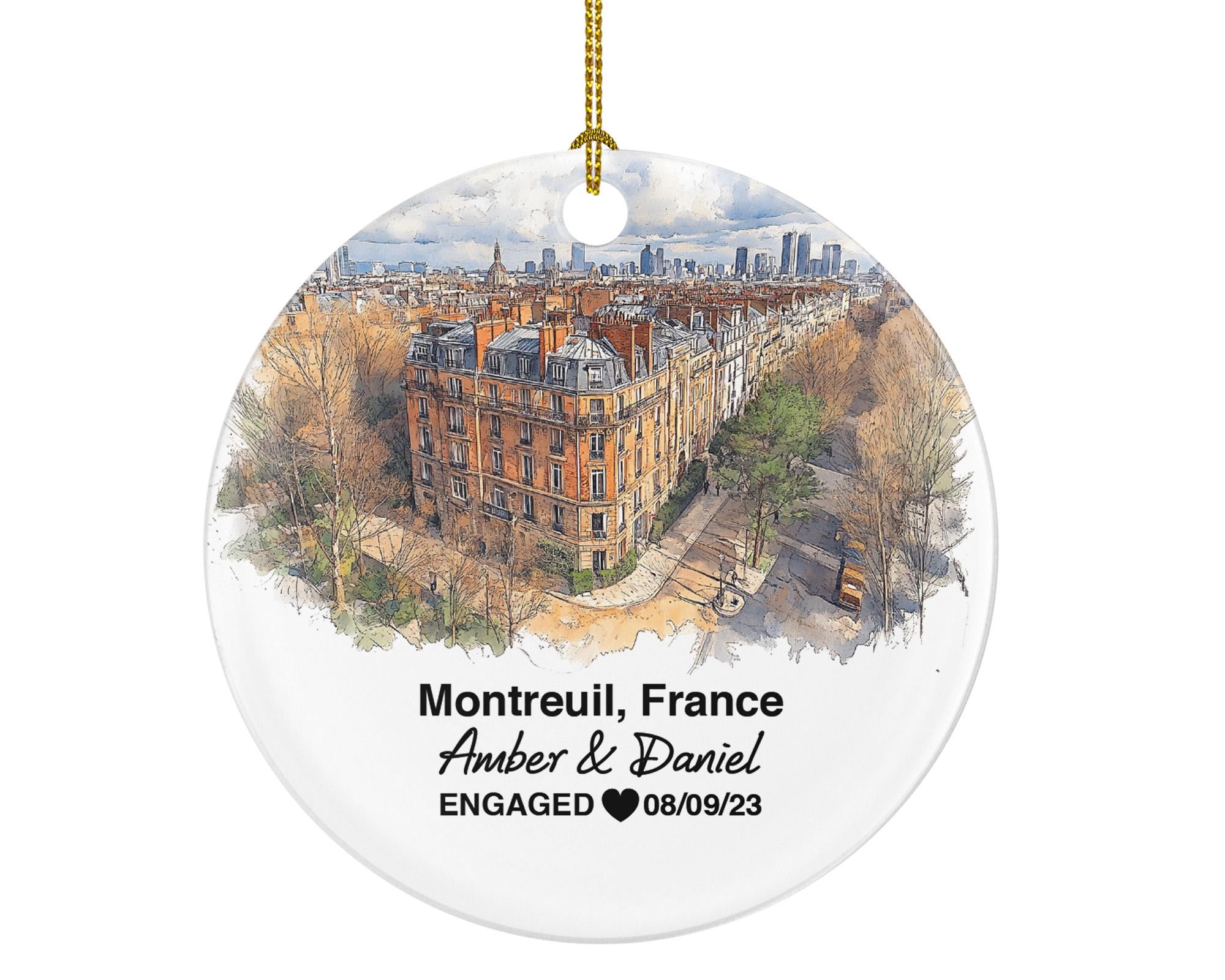 Personalized Montreuil France Christmas Ornament, Vibrant Markets, Mr & Mrs Wedding, Engagement, or Honeymoon Keepsake for Couples