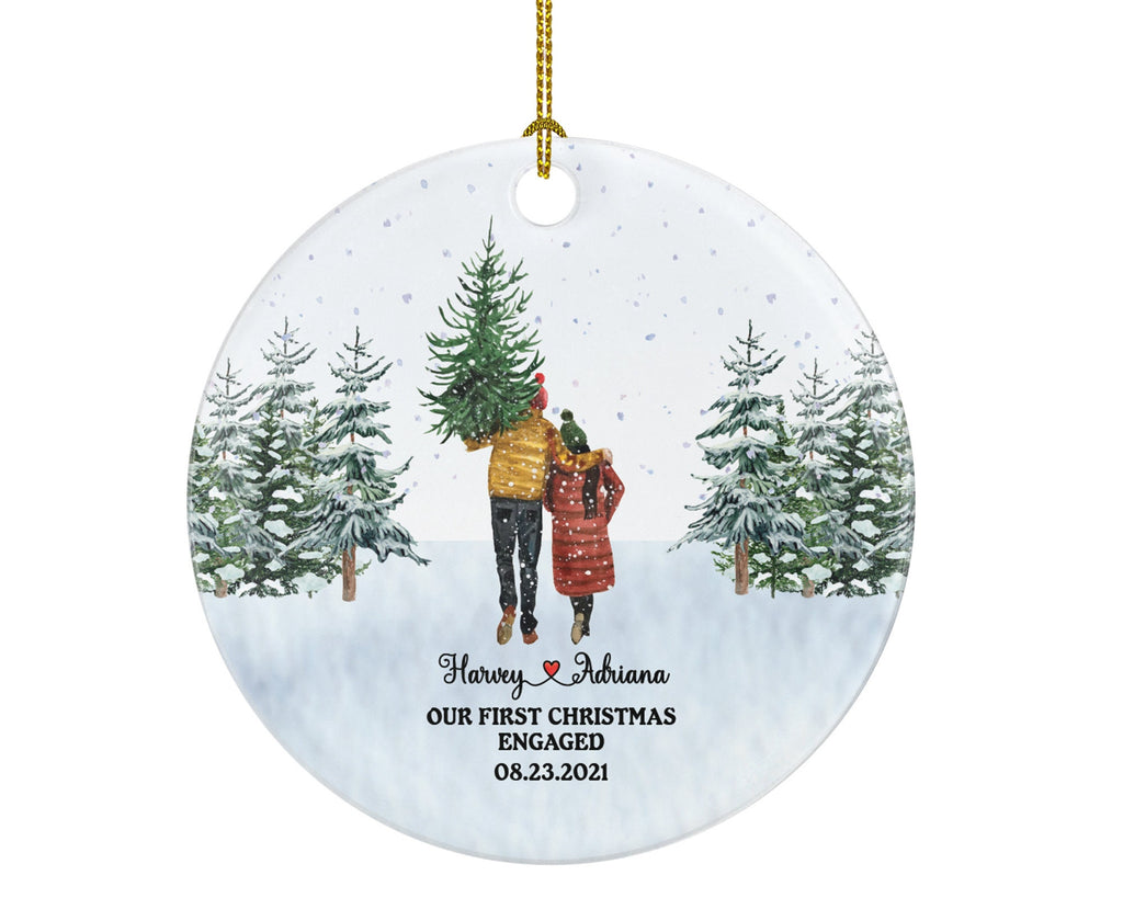 First Christmas Engaged Personalized Ornament - Engagement Announcement Couple Gift - Winter Couple in Snow