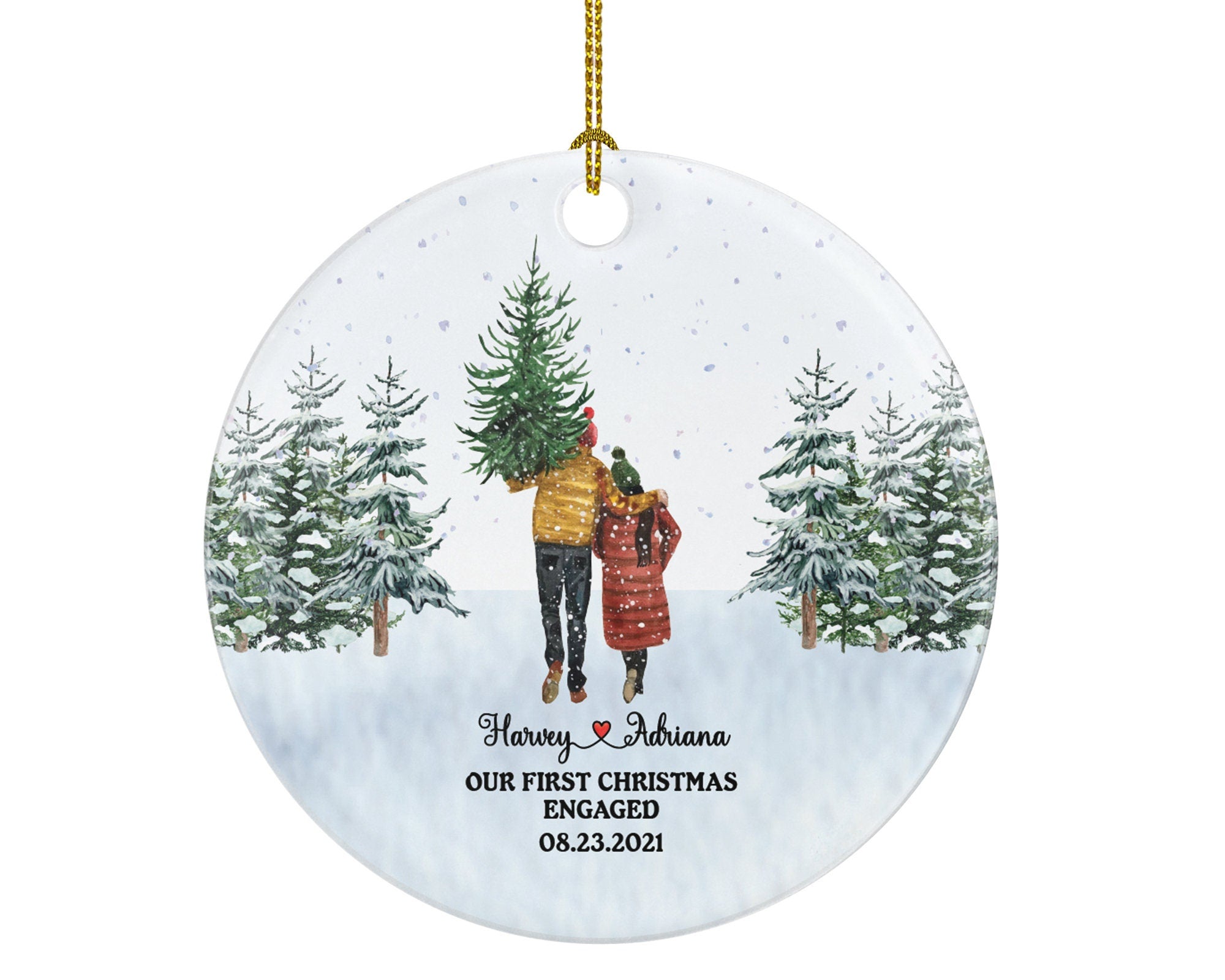 First Christmas Engaged Personalized Ornament - Engagement Announcement Couple Gift - Winter Couple in Snow