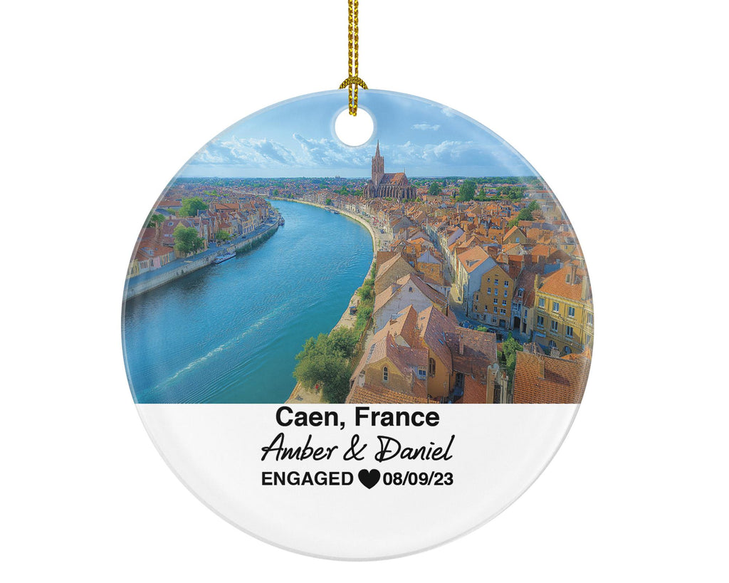 Personalized Caen France Christmas Ornament, Château de Caen, Mr & Mrs Wedding, Engagement, or Honeymoon Keepsake for Couples
