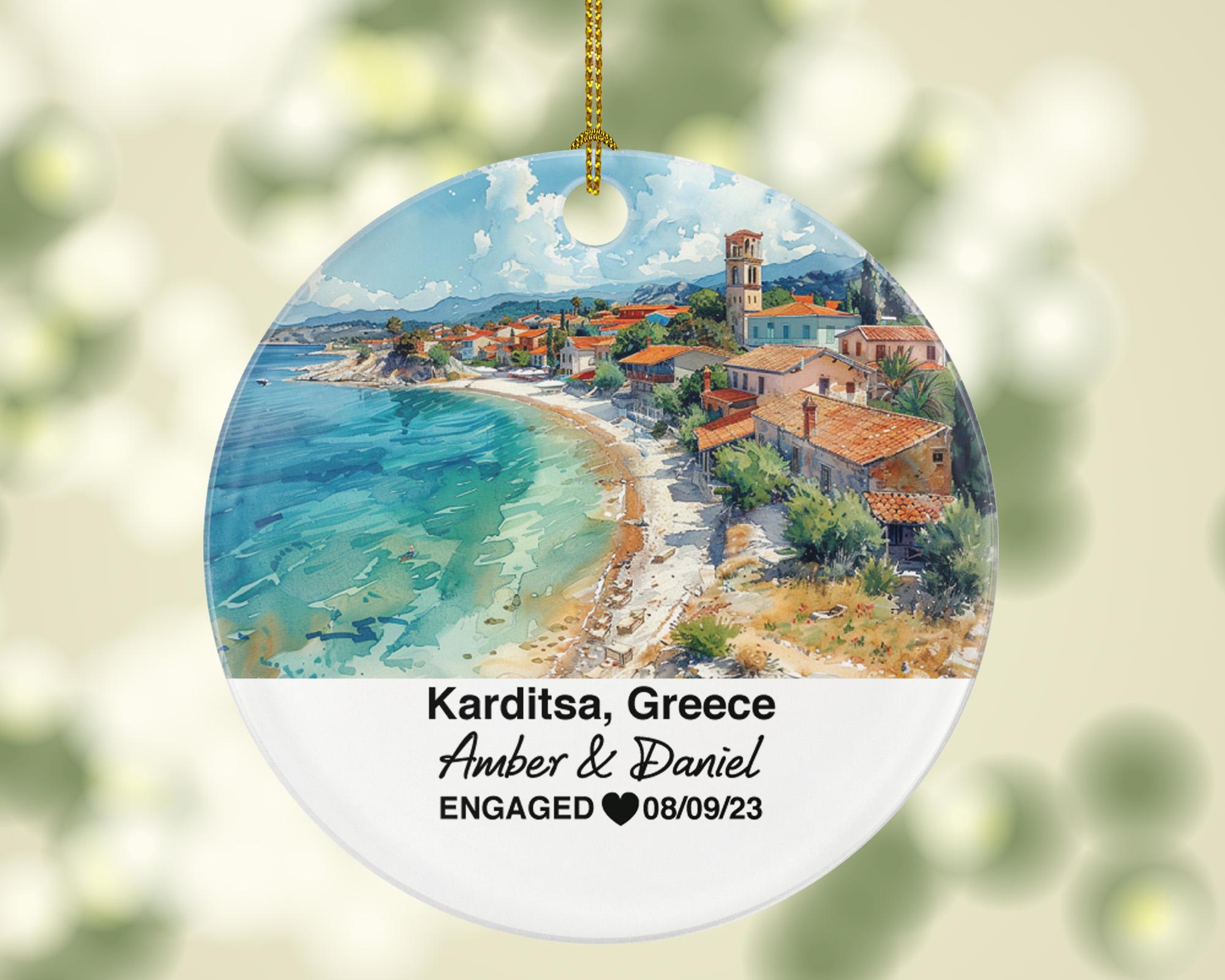 Karditsa Greece Round Ceramic Christmas Ornament – Personalized Holiday Keepsake, Custom Couple Gift for Wedding or Honeymoon