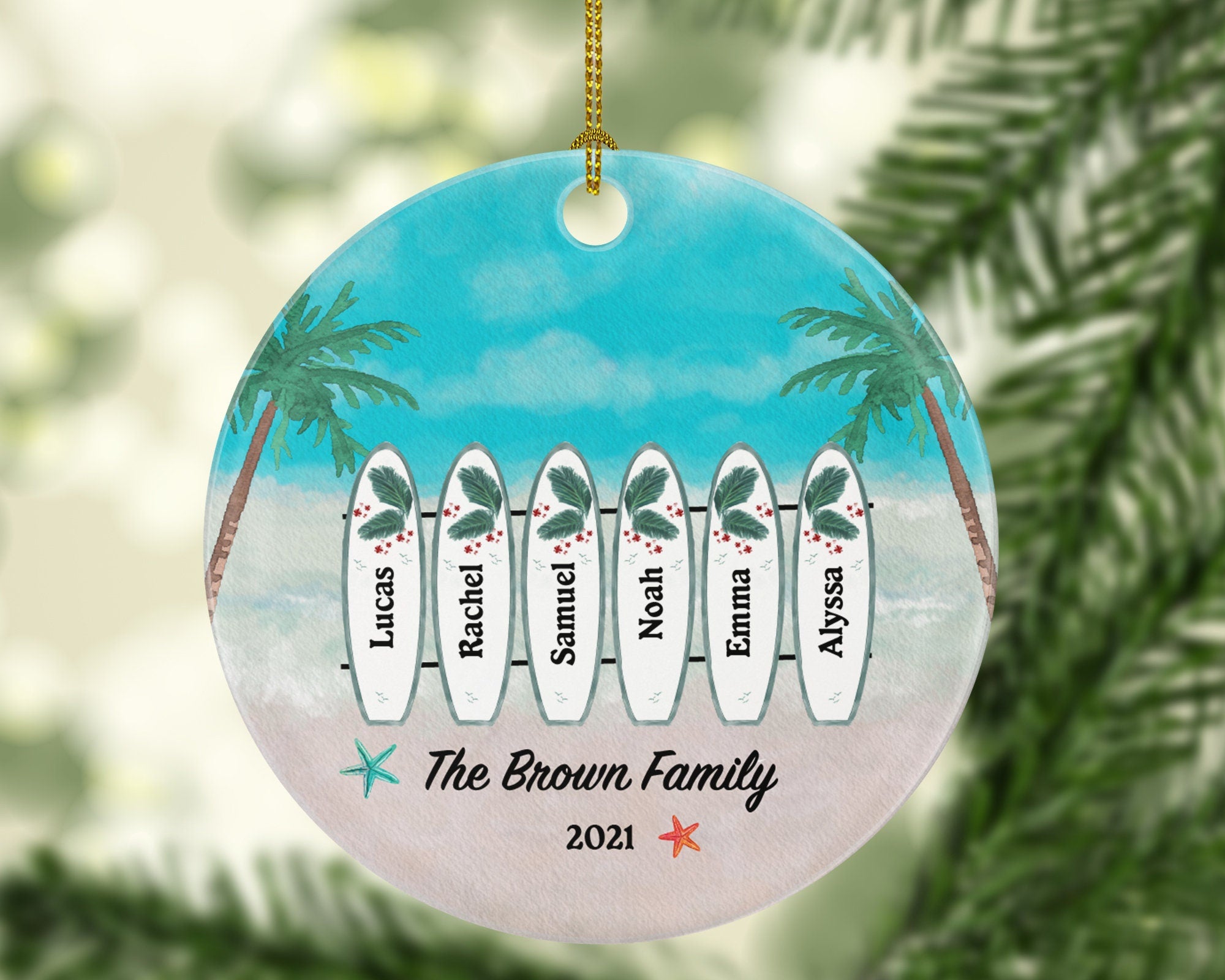 Surfboard Family Personalized Christmas Ornament - Family of 3 4 5 6 Surf board Three Four Five Six Custom Name Palm Tree Beach Sea