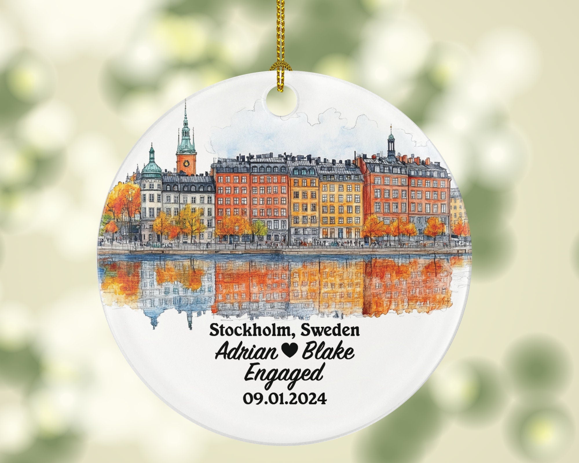 Stockholm Christmas Ornament Personalized - Sweden Engaged Married Family Together Couple Travel Honeymoon Engagement Marriage