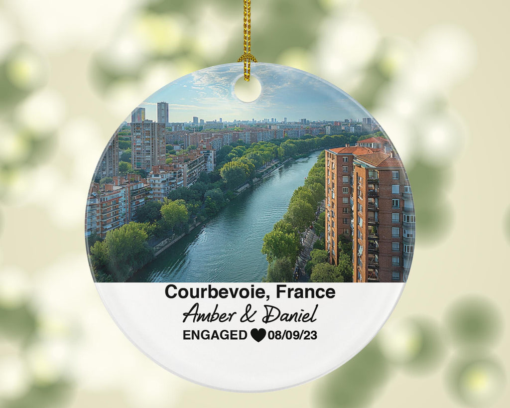 Personalized Courbevoie France Christmas Ornament, Seine River, Skyline, Mr & Mrs Wedding, Engagement, or Honeymoon Keepsake for Couples
