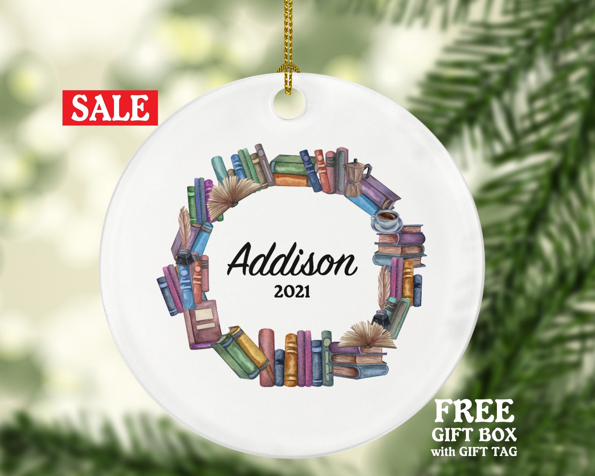 Book Lover Librarian Christmas Ornament Personalized, Library Bookworm Gift Custom Name