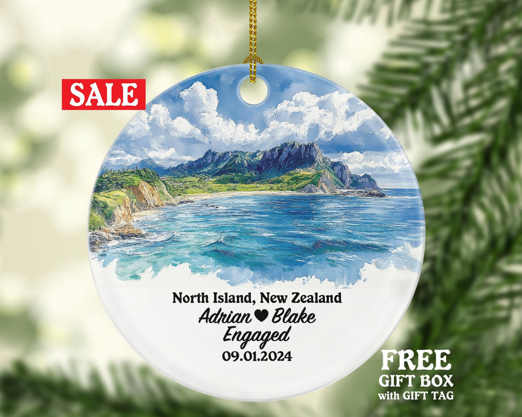 North Island Christmas Ornament Personalized - New Zealand Engaged Married Family Together Couple Travel Honeymoon Engagement Marriage