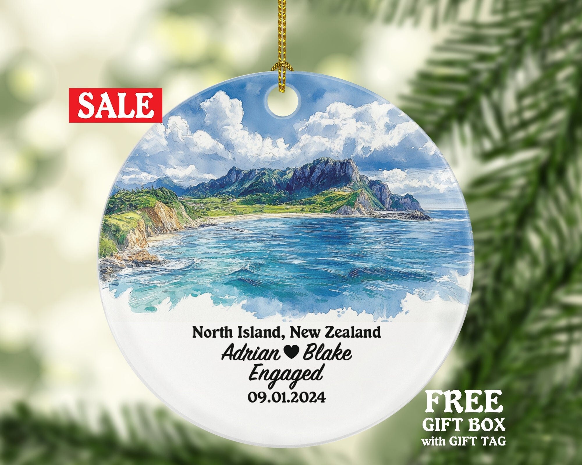 North Island Christmas Ornament Personalized - New Zealand Engaged Married Family Together Couple Travel Honeymoon Engagement Marriage