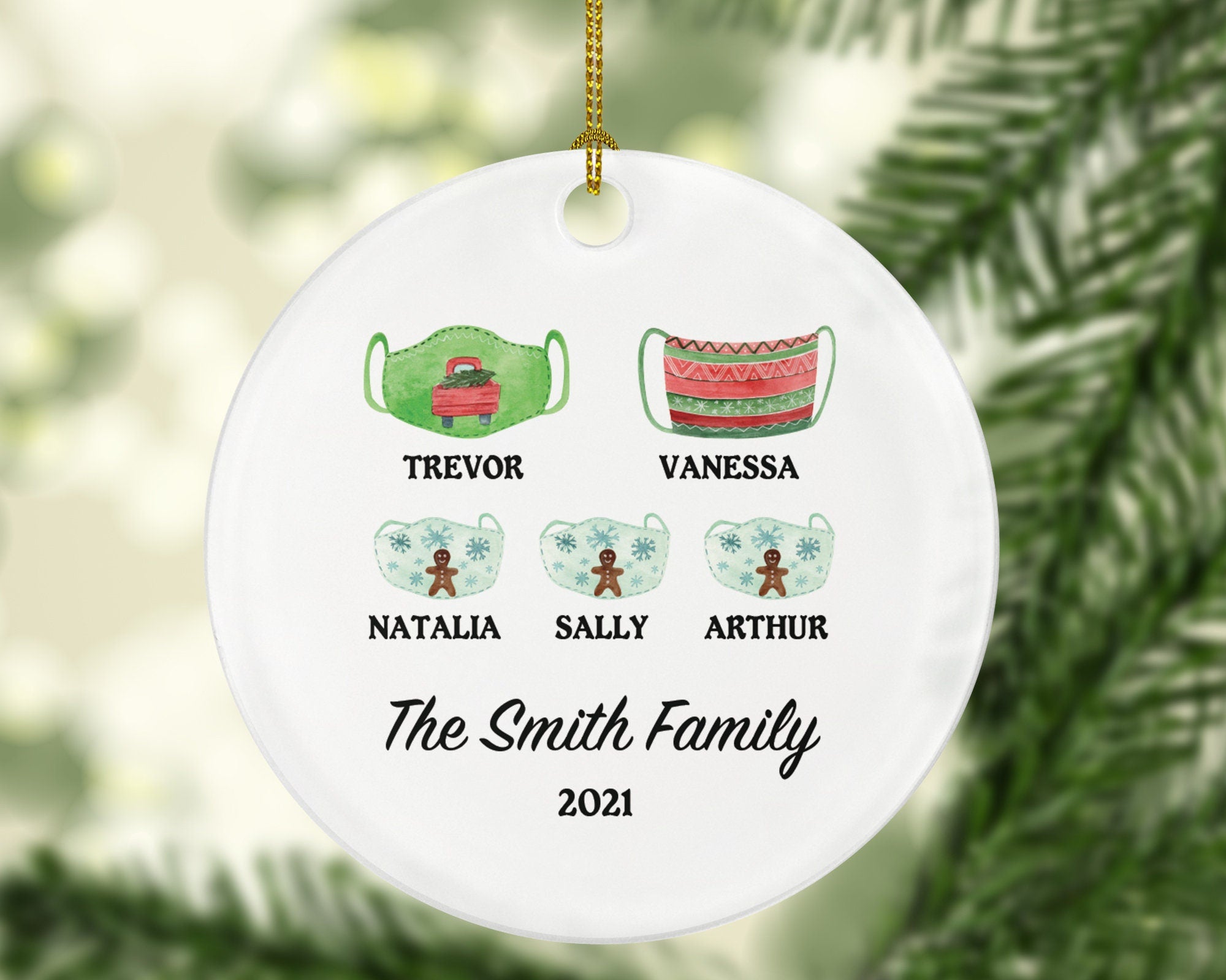 Personalized Christmas Family Mask Ornament - Survivor Family with Face Mask (family of 1 2 3 4 5 6) Covid19 Pandemic Coronavirus