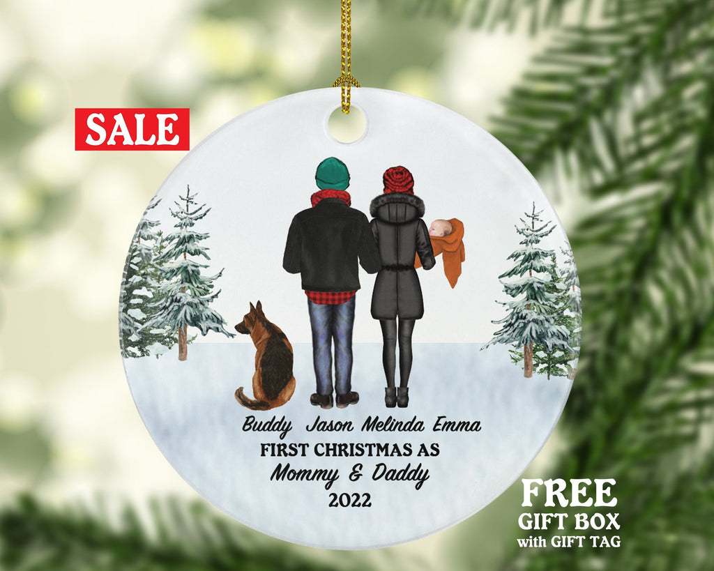 Mommy Daddy Baby Infant and Dog Cat Pet Personalized Christmas Ornament Custom Family of 3 Fur New Mom Dad Newborn Gift Lover Owner Holiday