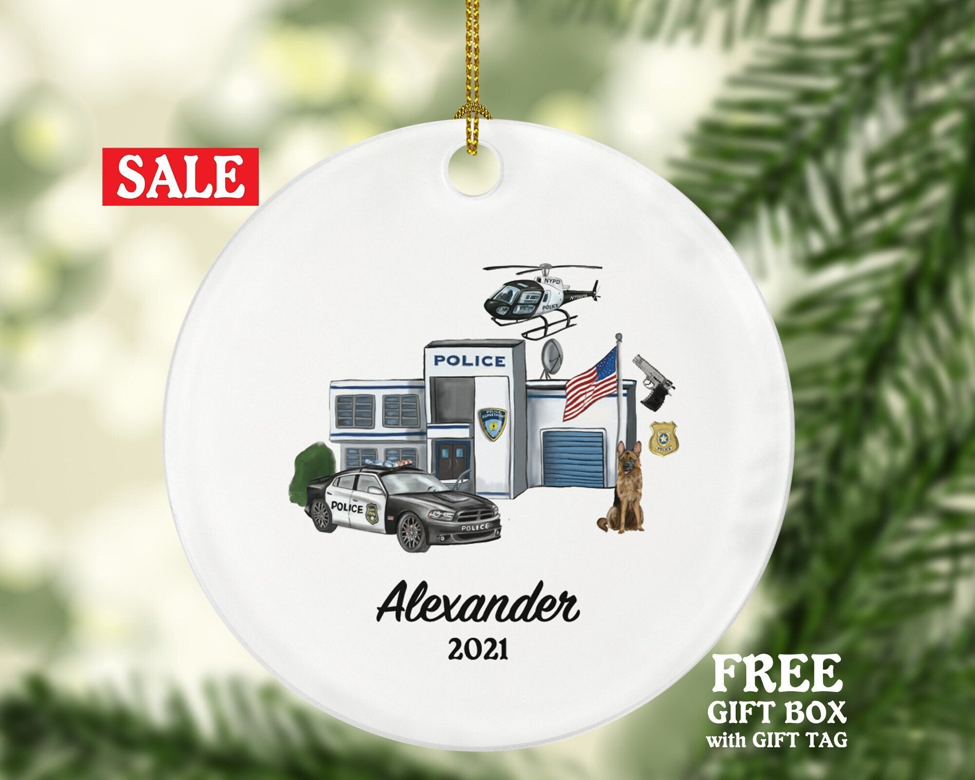 Policeman Ornament - Police Team Officer Christmas Gift Personalized - Car Helicopter Office Dog Gun Badge Flag
