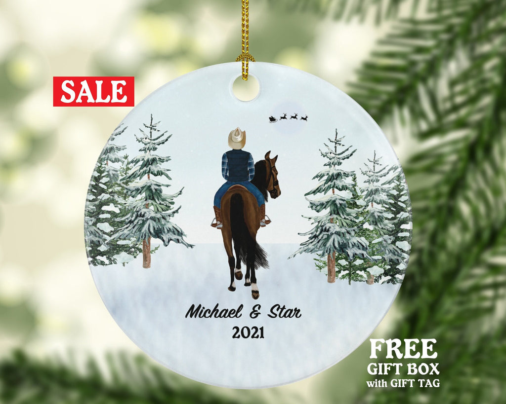 Riding a Horse Rider Christmas Ornament Personalized | Custom Names Horse Lover Gift Boy Male on a Horse