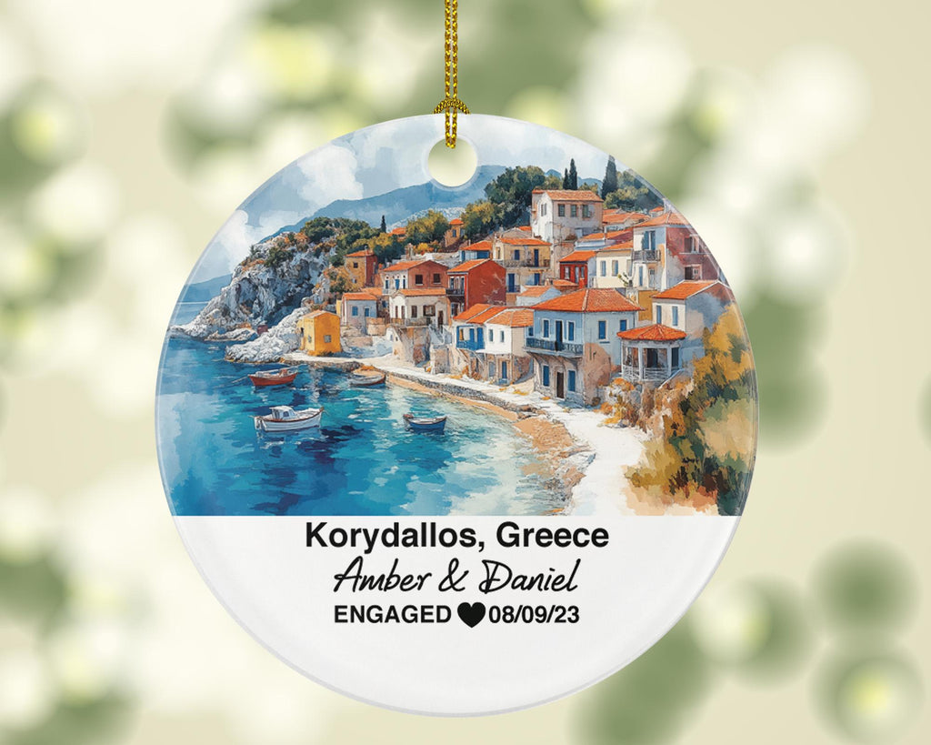 Korydallos Greece Round Ceramic Christmas Ornament – Personalized Holiday Keepsake, Custom Couple Gift for Wedding or Honeymoon