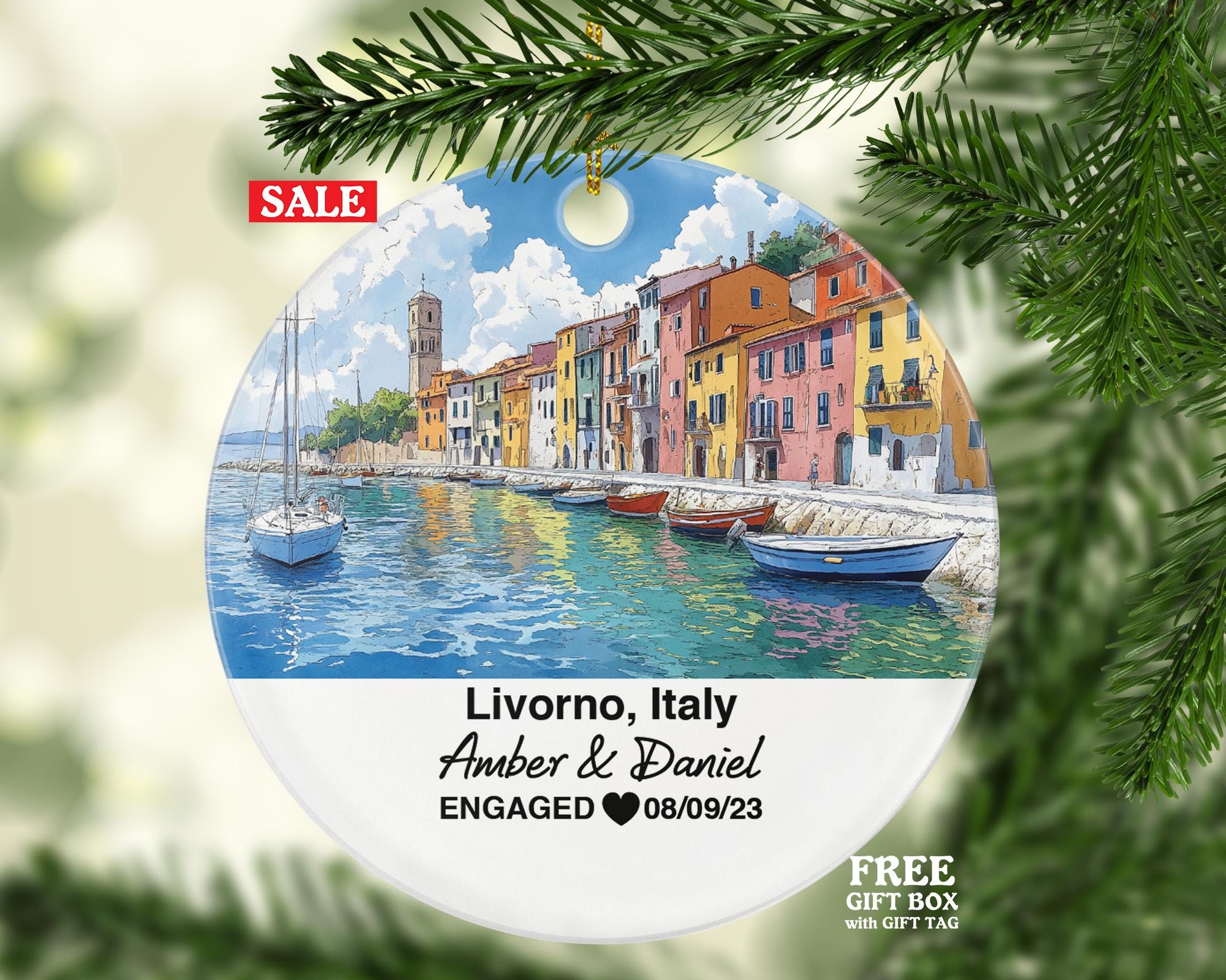 Custom Livorno Italy Christmas Ornament, Seaside City, Quartiere Venezia, Personalized Couple Gift, Celebrate Wedding, Engagement, Honeymoon