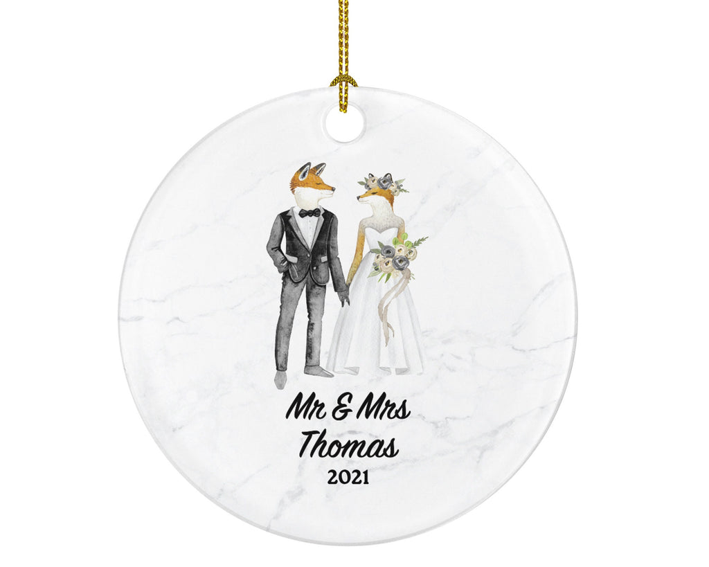 Mr & Mrs Married Couple Christmas Ornament Personalized - Fox Bride and Groom Newlywed Our First Christmas Gift