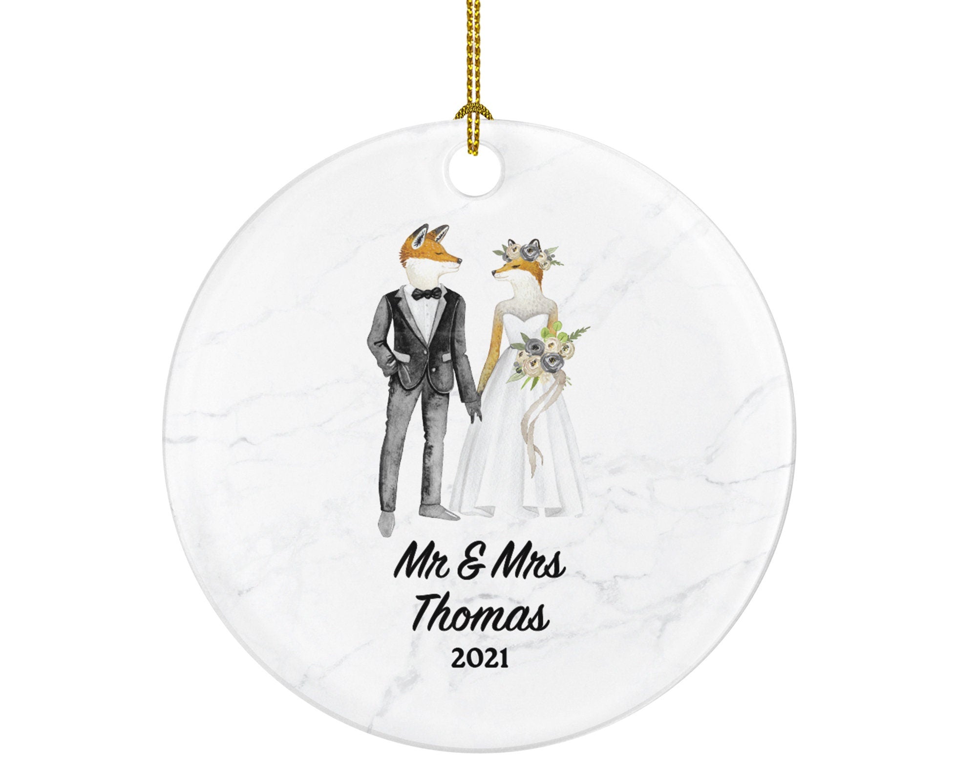 Mr & Mrs Married Couple Christmas Ornament Personalized - Fox Bride and Groom Newlywed Our First Christmas Gift