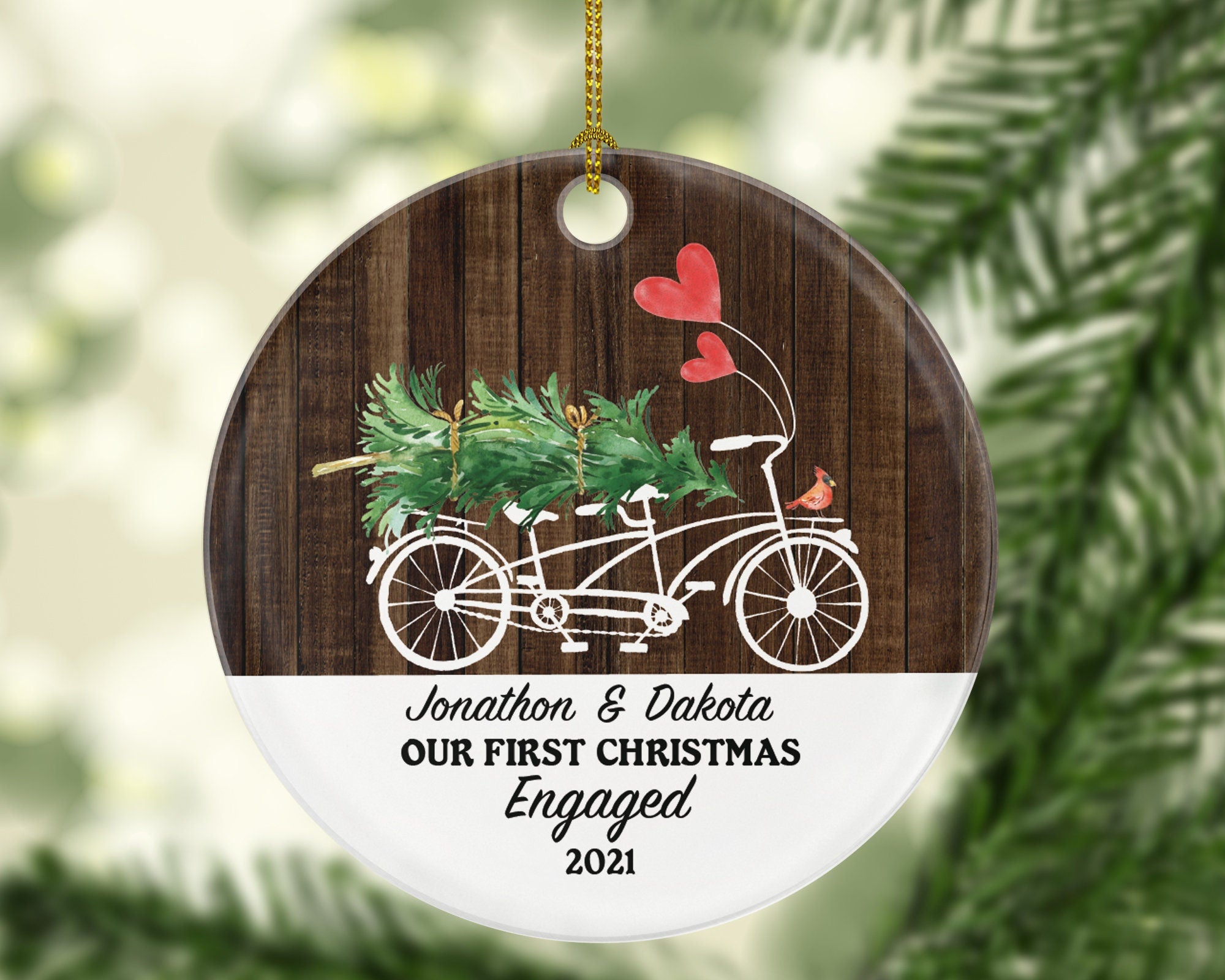 Personalized Engagement Christmas Ornament - Tandem Bicycle Rustic Farmhouse Love Birds Newly Just Engaged Gift for Couple Tree Xmas