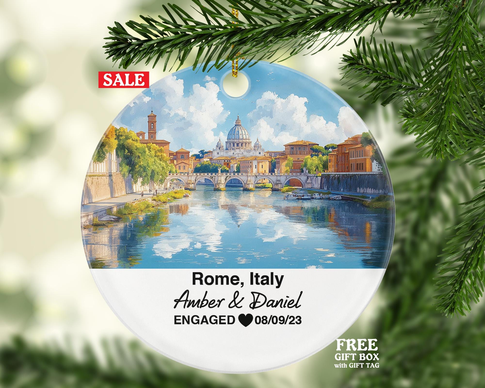 Custom Italy Rome Ornament, Pantheon, Vatican City, Personalized Couple Gift, Celebrate Wedding, Engagement, Honeymoon