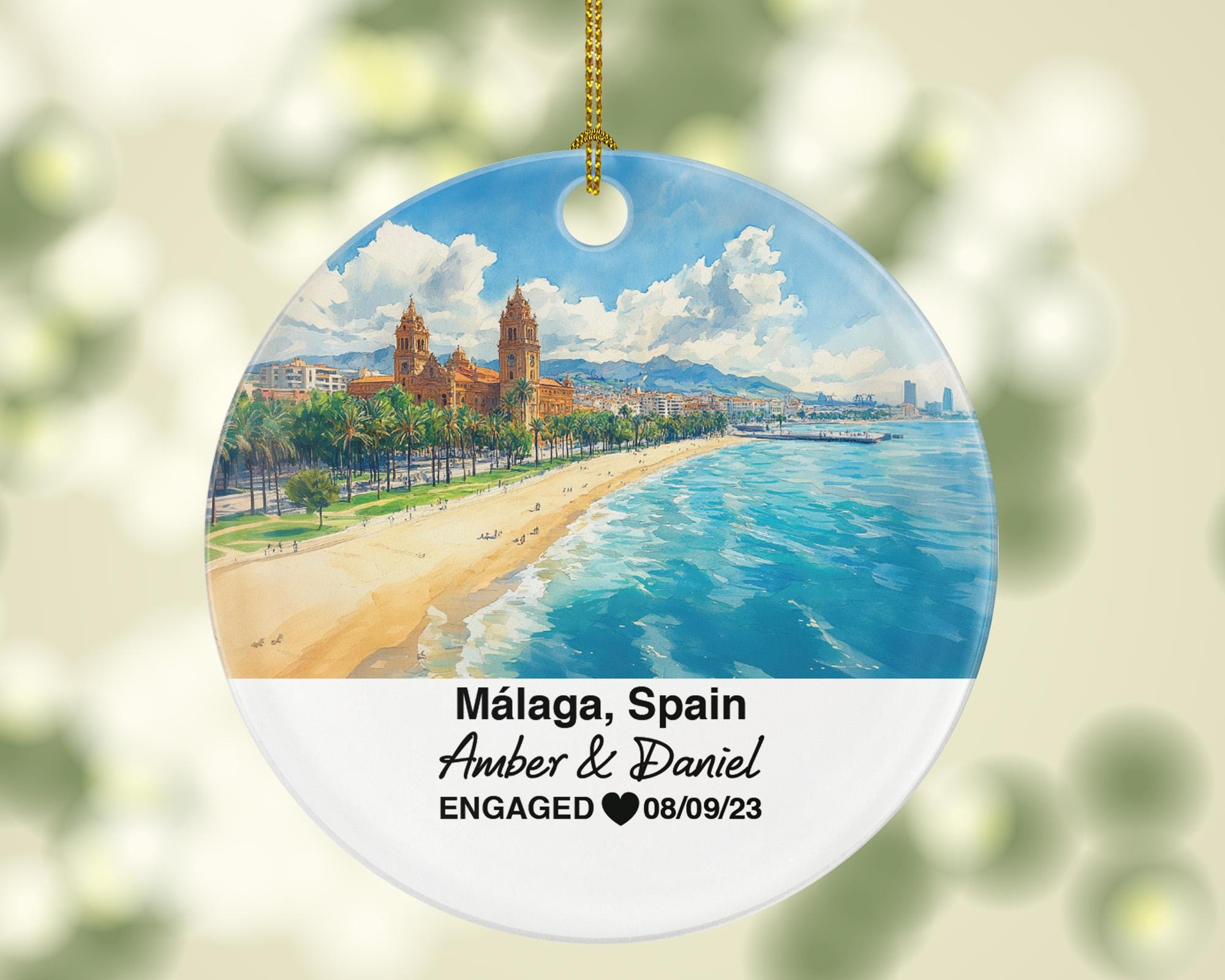 Málaga Spain Round Ceramic Christmas Ornament – Personalized Holiday Keepsake, Custom Couple Gift for Wedding or Honeymoon
