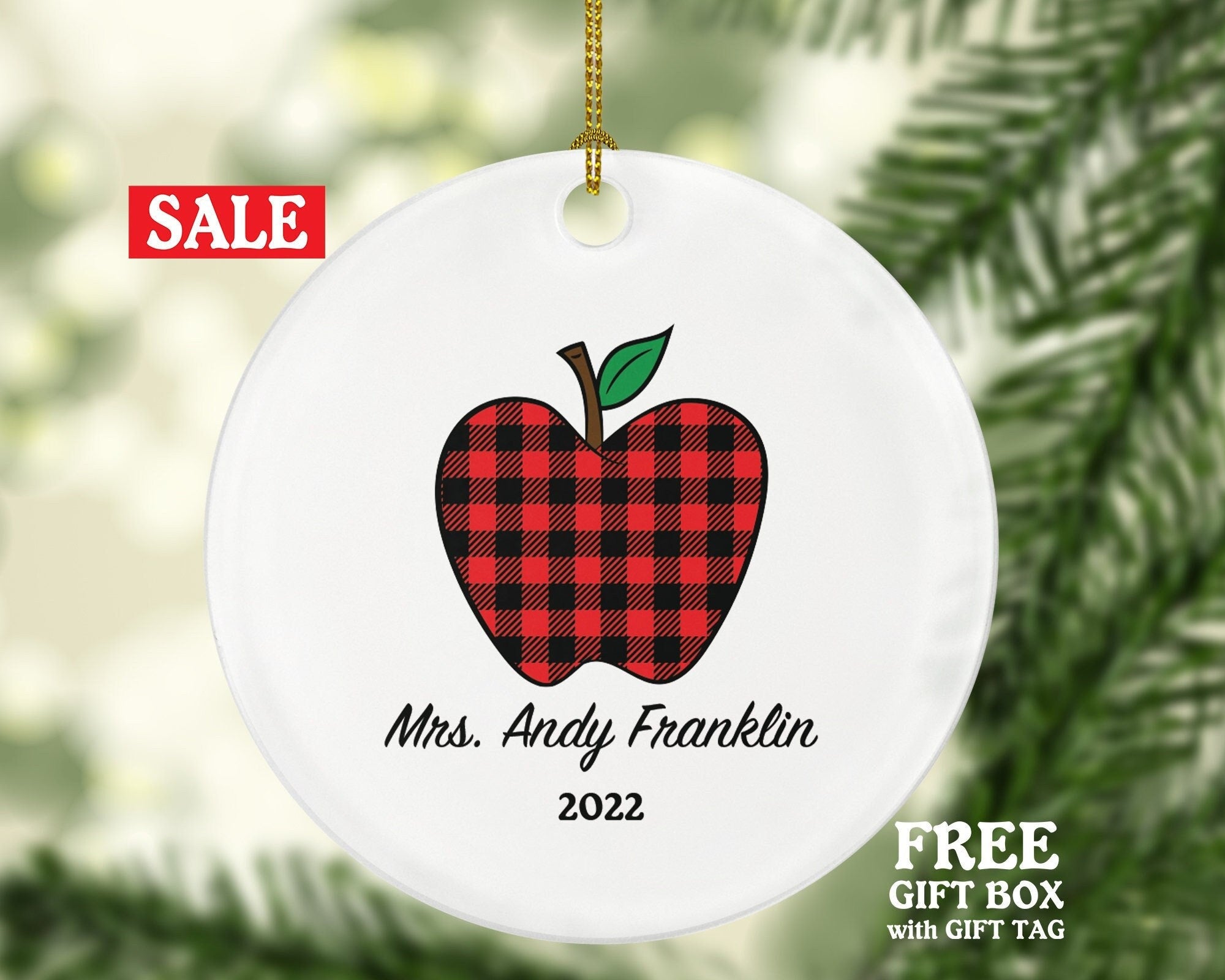 Teacher Ornament Personalized - Apple Teacher Custom Gift Apple from Student Appreciation Mr Mrs School Graduate Graduation