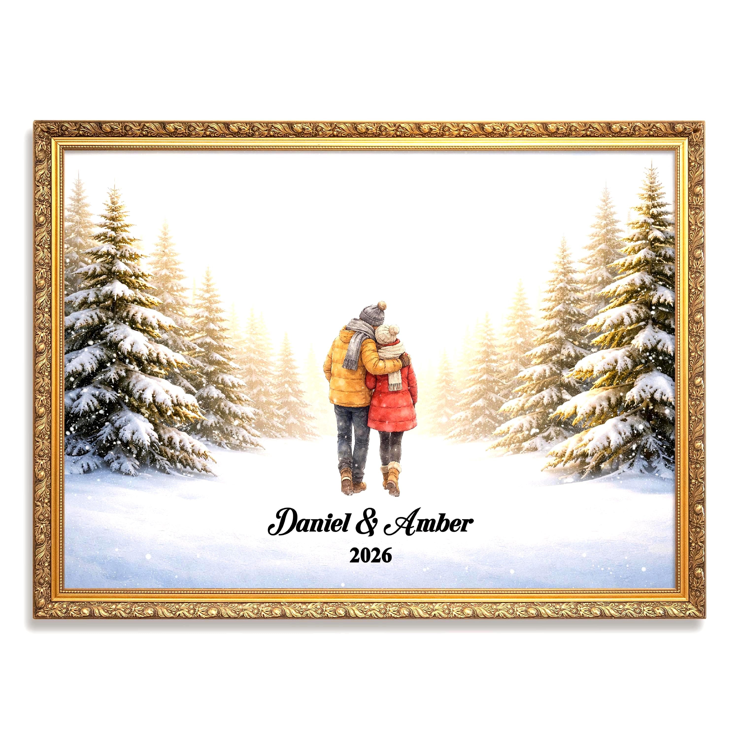 Custom Couple in Snow Wall Art | Winter Scene Print for Engaged, Married, Mr & Mrs, Anniversary | Aluminum Metal Print