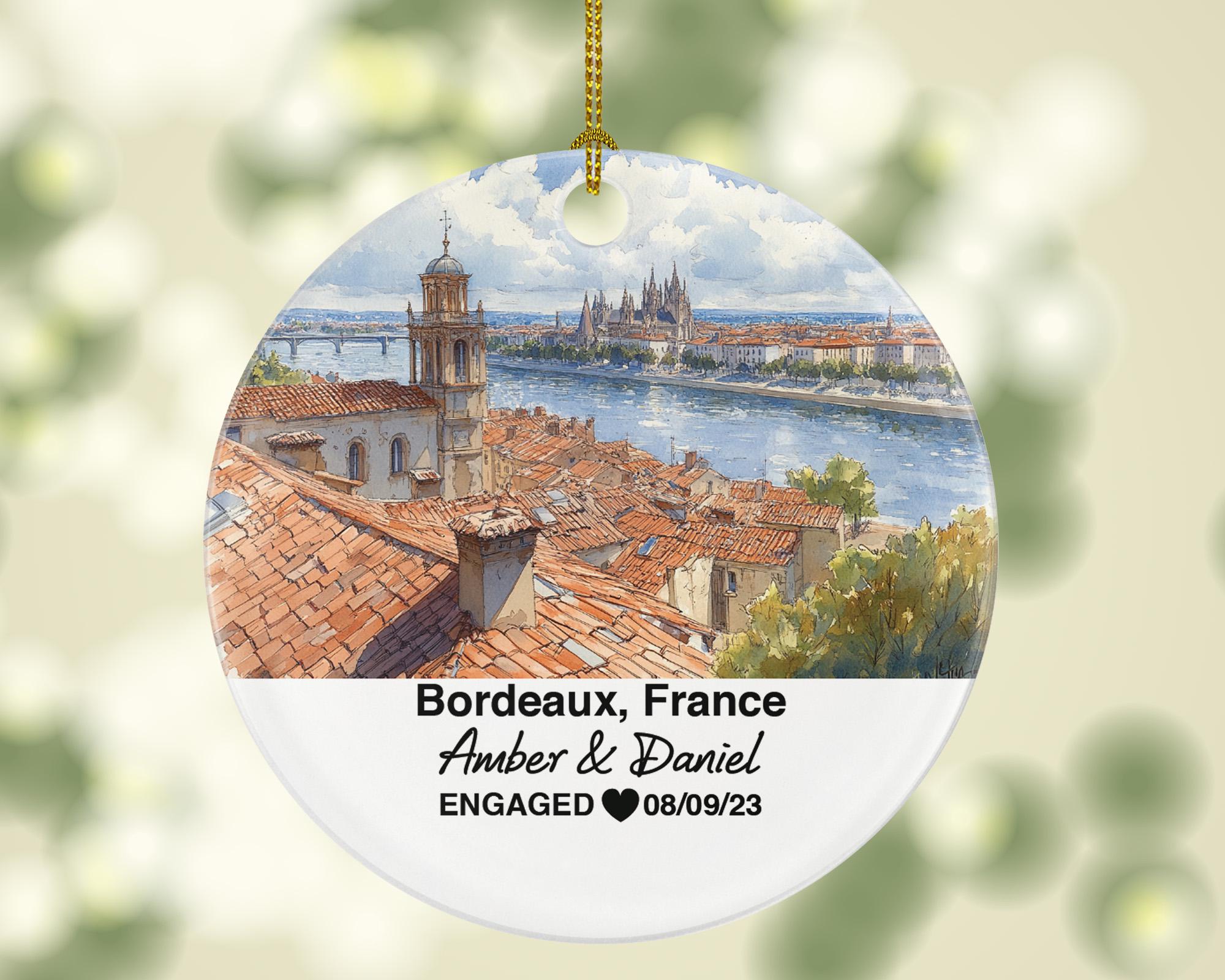 Personalized Bordeaux France Christmas Ornament, Custom Garonne River Gift, Mr & Mrs Wedding, Engagement, or Honeymoon Keepsake for Couples