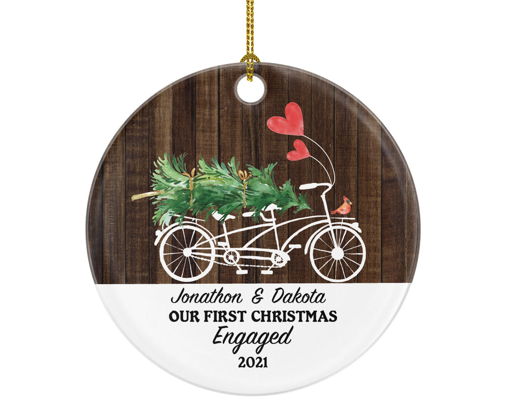 Personalized Engagement Christmas Ornament - Tandem Bicycle Rustic Farmhouse Love Birds Newly Just Engaged Gift for Couple Tree Xmas