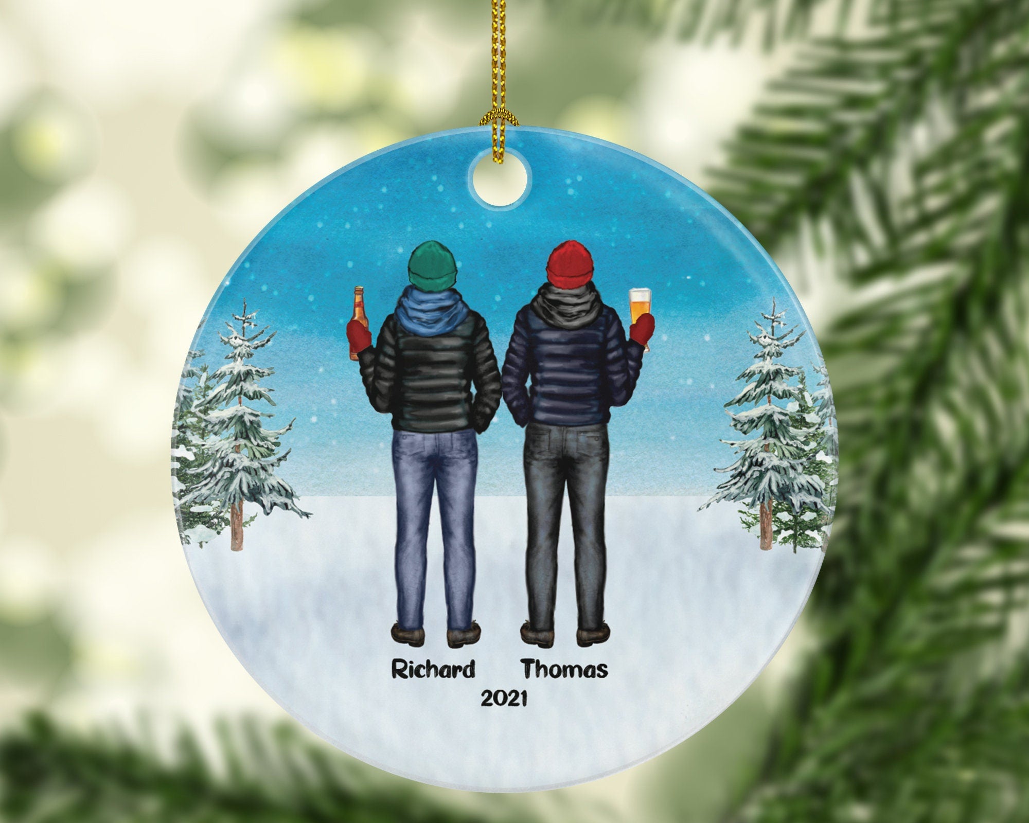 Best Friends BFF Male Boy Drinking Beer Brother Christmas Ornament - Personalized Buddies Gift Custom Besties Forever