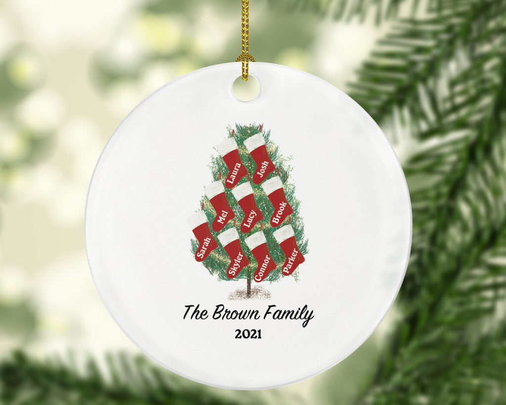 Family Christmas Tree with Socks Ornament - Family of 2 3 4 5 6 7 8 9 Personalized Gift - Custom Family Name Year Christmas Ceramic Ornament