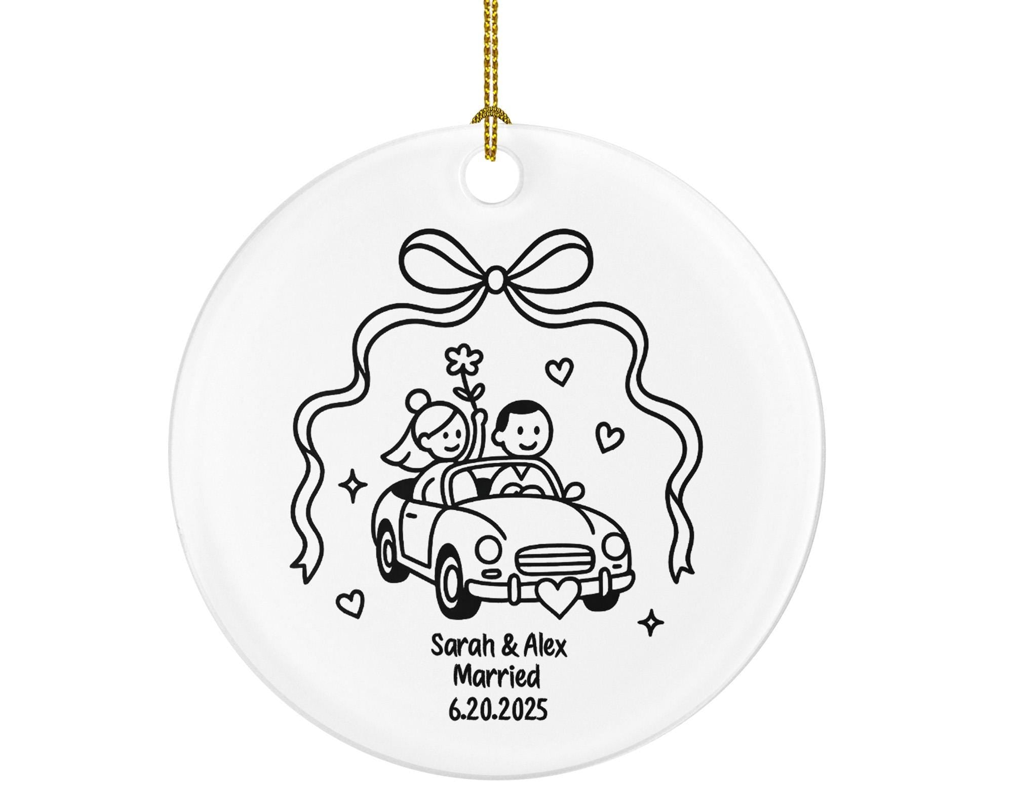 Minimalist Just Married Car Front Ornament – Bride and Groom Line Art Wedding Keepsake – Personalized Newlywed Ceramic Gift 2025