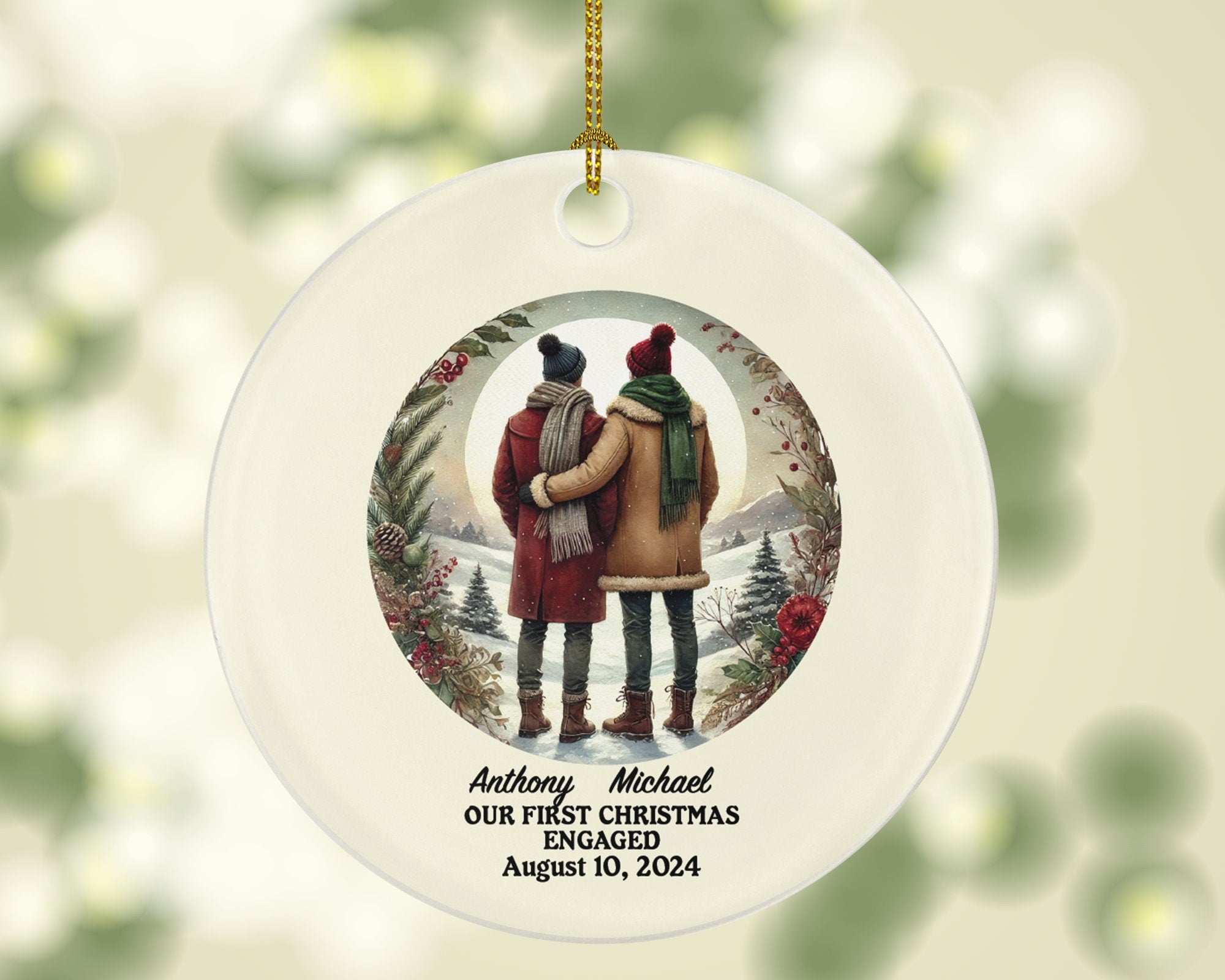 Gay Couple Christmas Ornament, Personalized Portrait Love is Love Same Sex Pride, First Christmas Engaged Custom Engagement Announcement