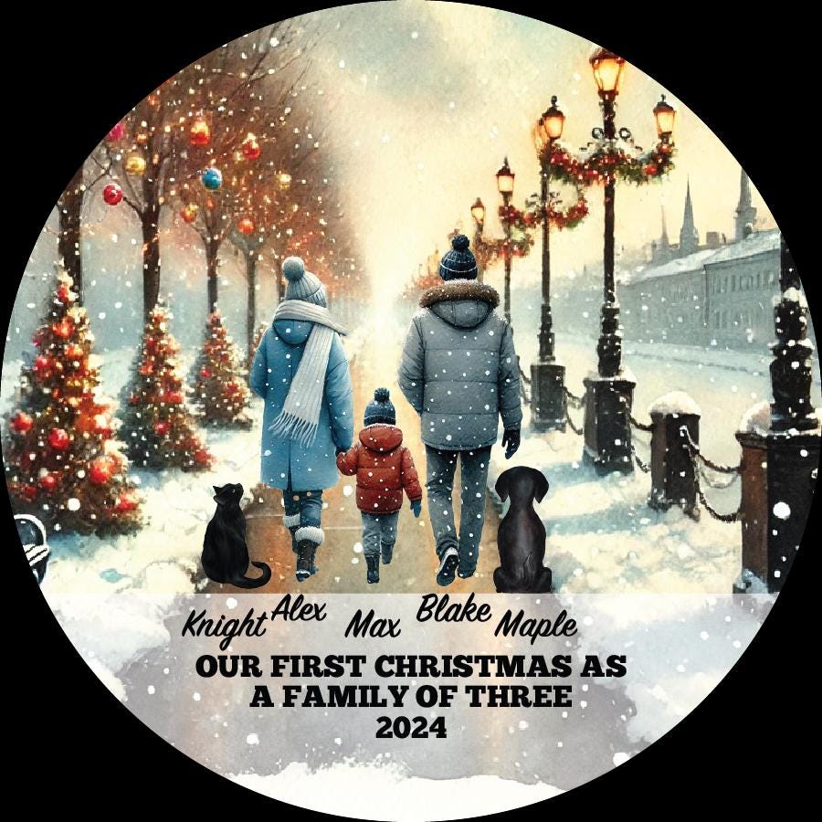 Personalized Family of 3 with Baby Boy Girl and Dog Cat Pet Christmas Ornament Custom Fur New Mom Dad Gift Lover Owner Holiday Rescue Breeds