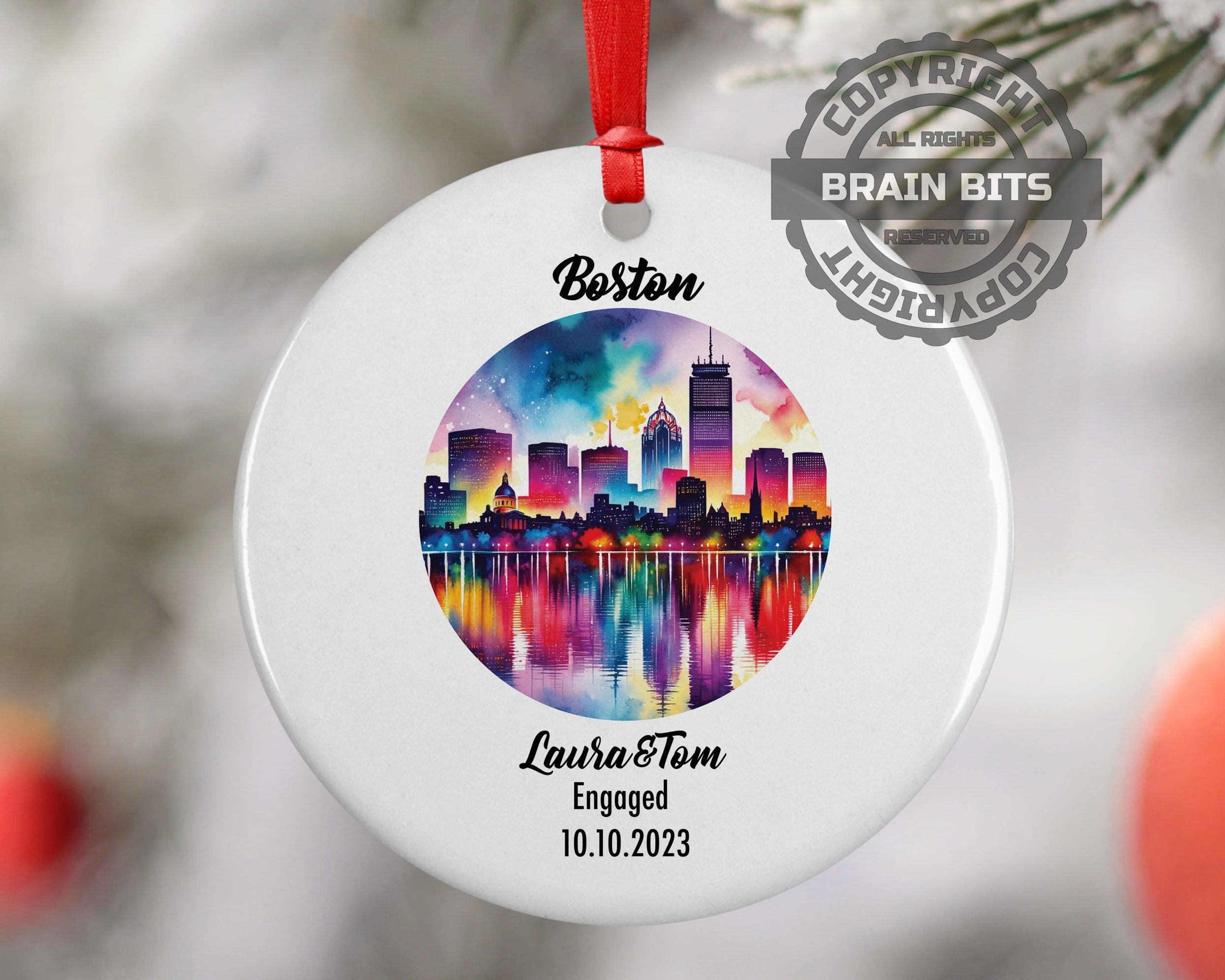 Boston Ornament, Engagement, Married, Travel, Gift for Engaged Couple, Engagement Gift, Trip, Vacation Souvenir