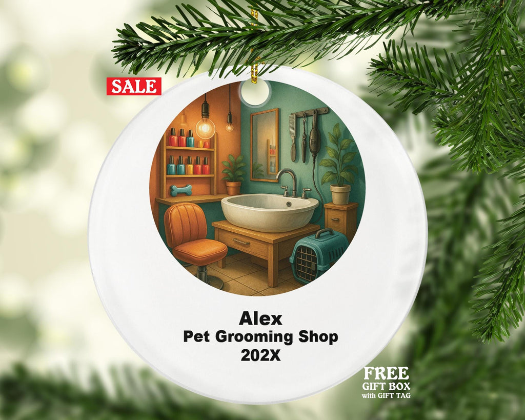 Personalized Pet Grooming Ornament – Custom Pet Salon Gift – Dog Groomer and Cat Grooming Ornament with Name and Year