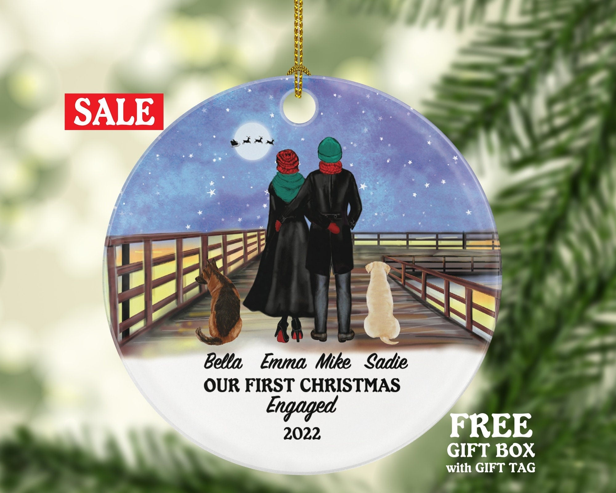 Engaged Couple Pet Cat Dog Owner Couple Personalized Christmas Ornament First Engagement Announcement Custom Lover Gift Fur Holiday Rescue