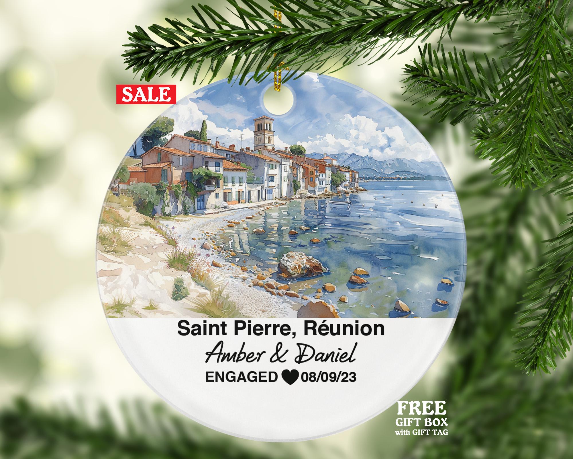 Personalized Saint-Pierre Réunion Christmas Ornament, Island Views, Colonial Architecture, Mr & Mrs Wedding, Engagement, or Honeymoon Keepsake for Couples