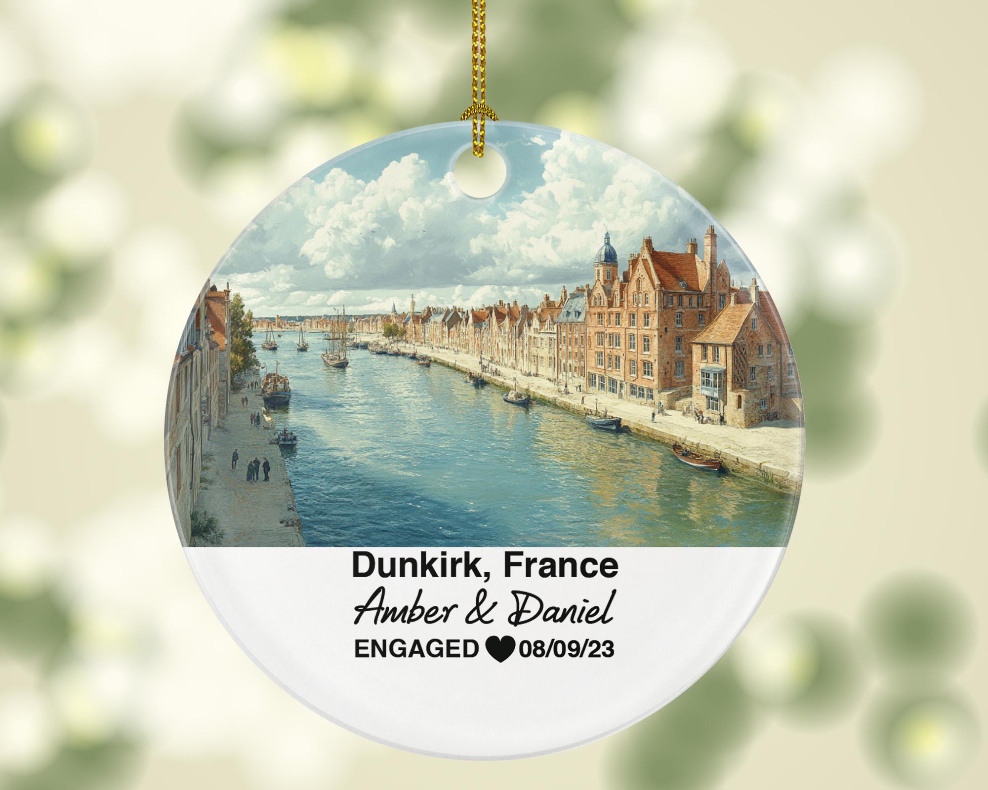 Personalized Dunkirk France Christmas Ornament, Historic Beaches, Lighthouse, Mr & Mrs Wedding, Engagement, or Honeymoon Keepsake to Couples