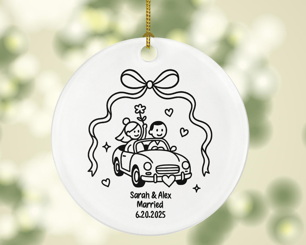 Minimalist Just Married Car Front Ornament – Bride and Groom Line Art Wedding Keepsake – Personalized Newlywed Ceramic Gift 2025