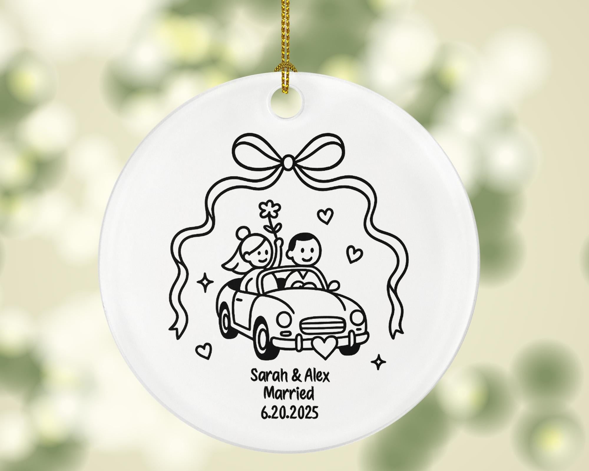 Minimalist Just Married Car Front Ornament – Bride and Groom Line Art Wedding Keepsake – Personalized Newlywed Ceramic Gift 2025