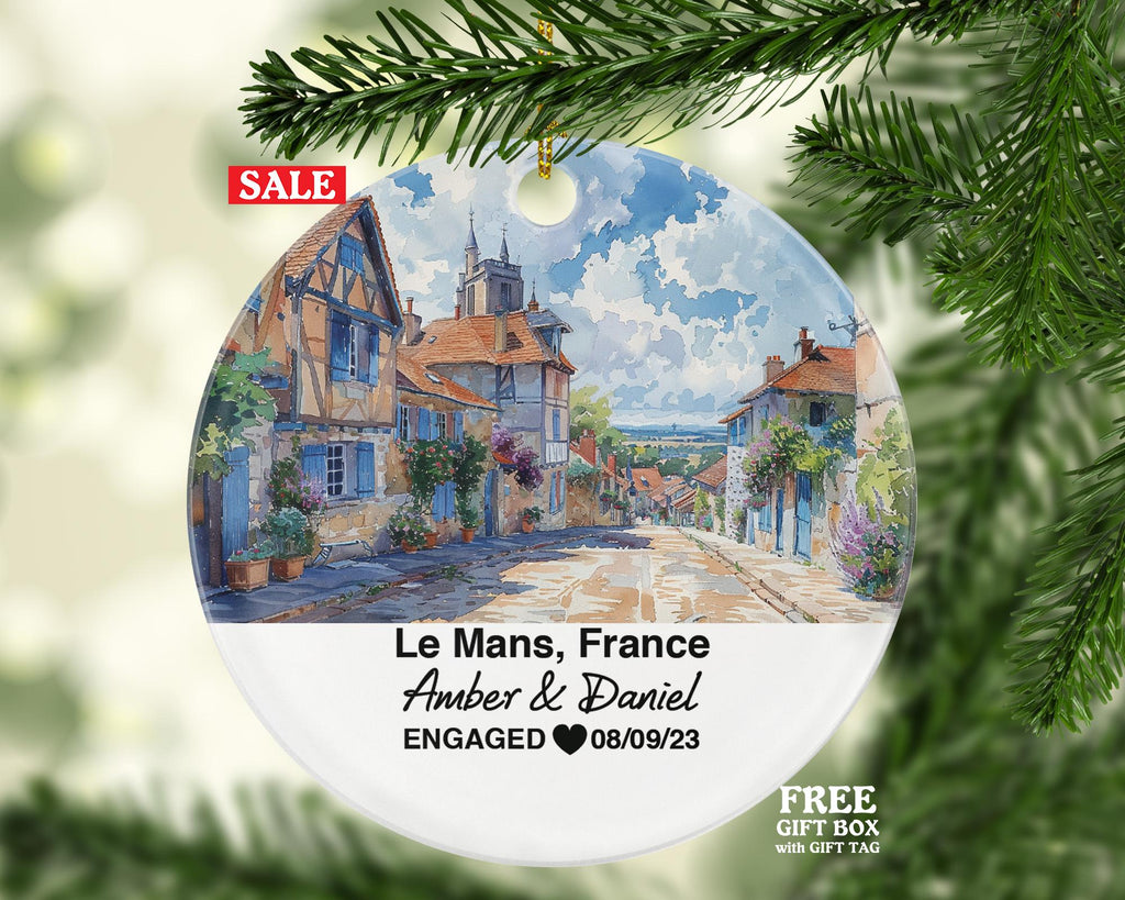 Personalized Le Mans France Christmas Ornament, Racing, Medieval Old Town, Mr & Mrs Wedding, Engagement, or Honeymoon Keepsake for Couples