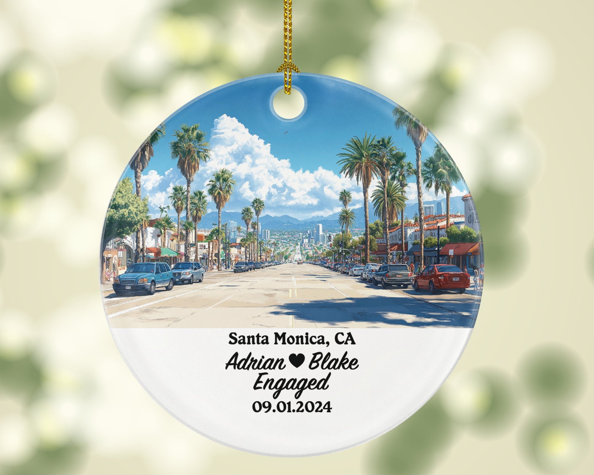 Santa Monica Christmas Ornament Personalized - CA Engaged Married Family Together Couple Travel Honeymoon Engagement Marriage