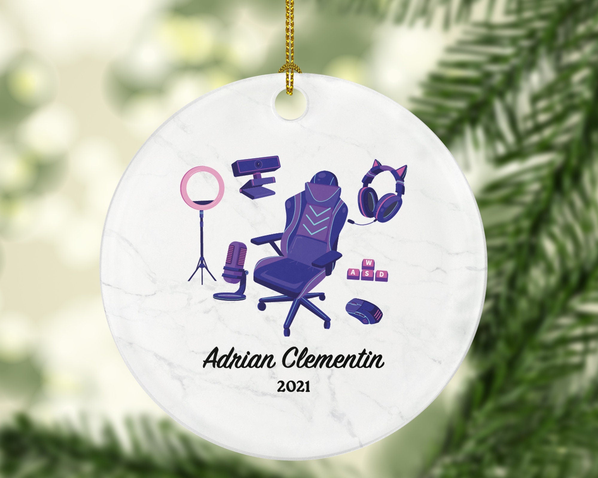 Professional Video Game Player Gamer Christmas Ornament Personalized, Playing Game Equipment for Female Girl Controller Addict