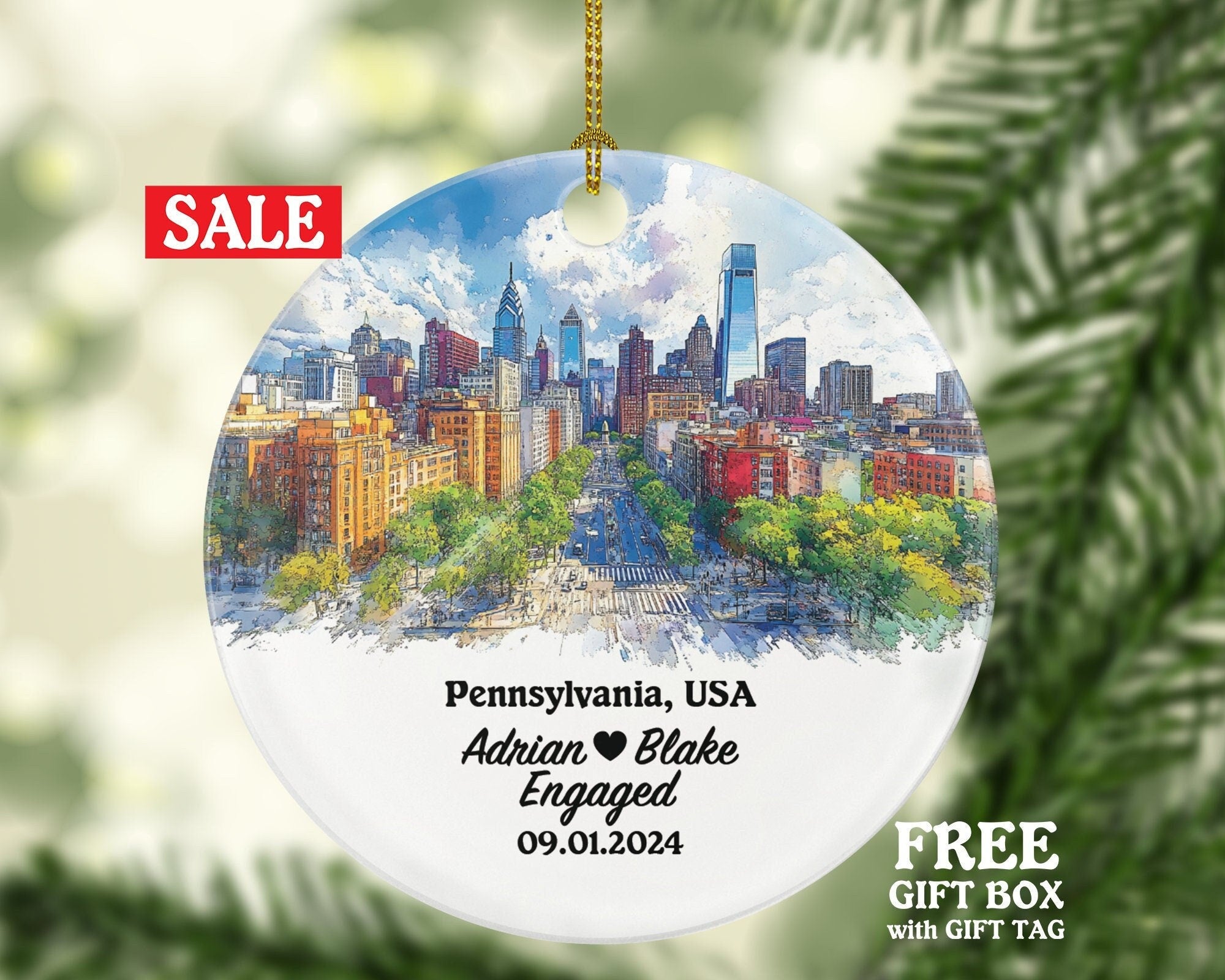 Pennsylvania Christmas Ornament Personalized - PA Engaged Married Family Together Couple Travel Honeymoon Engagement Marriage