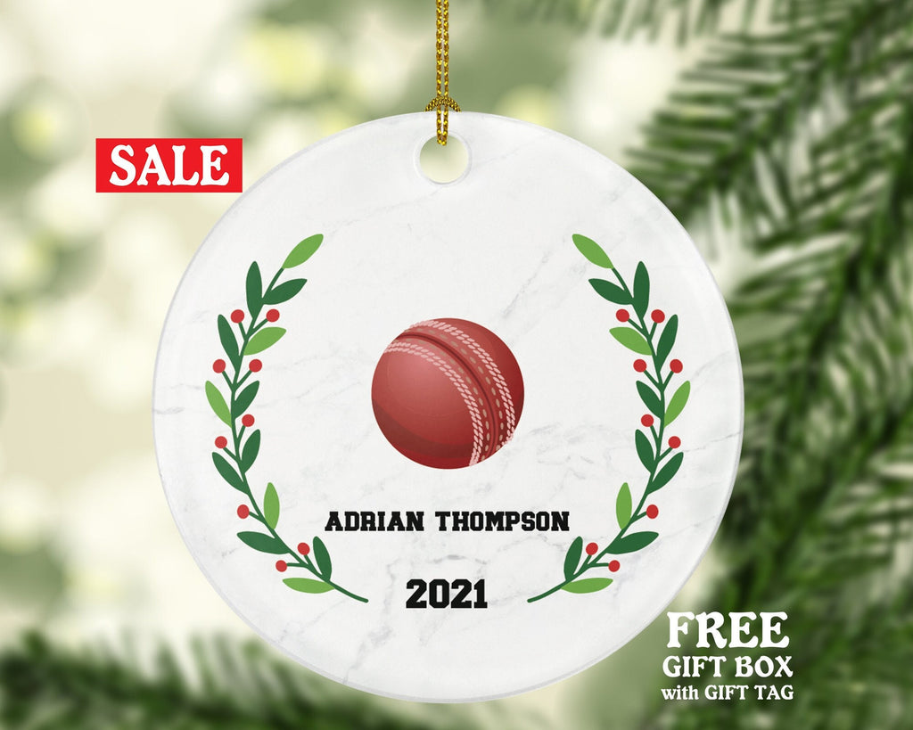 Cricket Ball Christmas Ornament Personalized, Cricket Ball, Custom Name and Year Cricket Ball Christmas Tree Decor